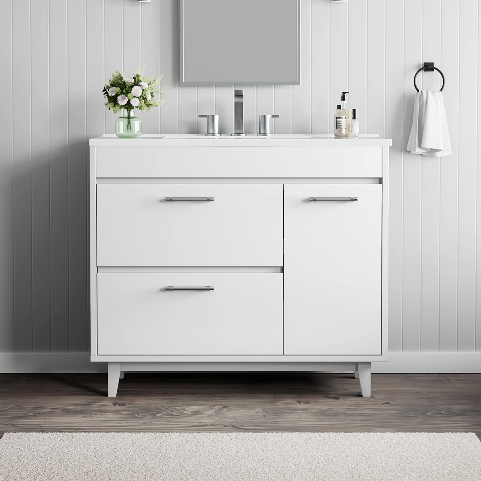 Serwall 37 in White Single Sink Bathroom Vanity with White Polymarble Top