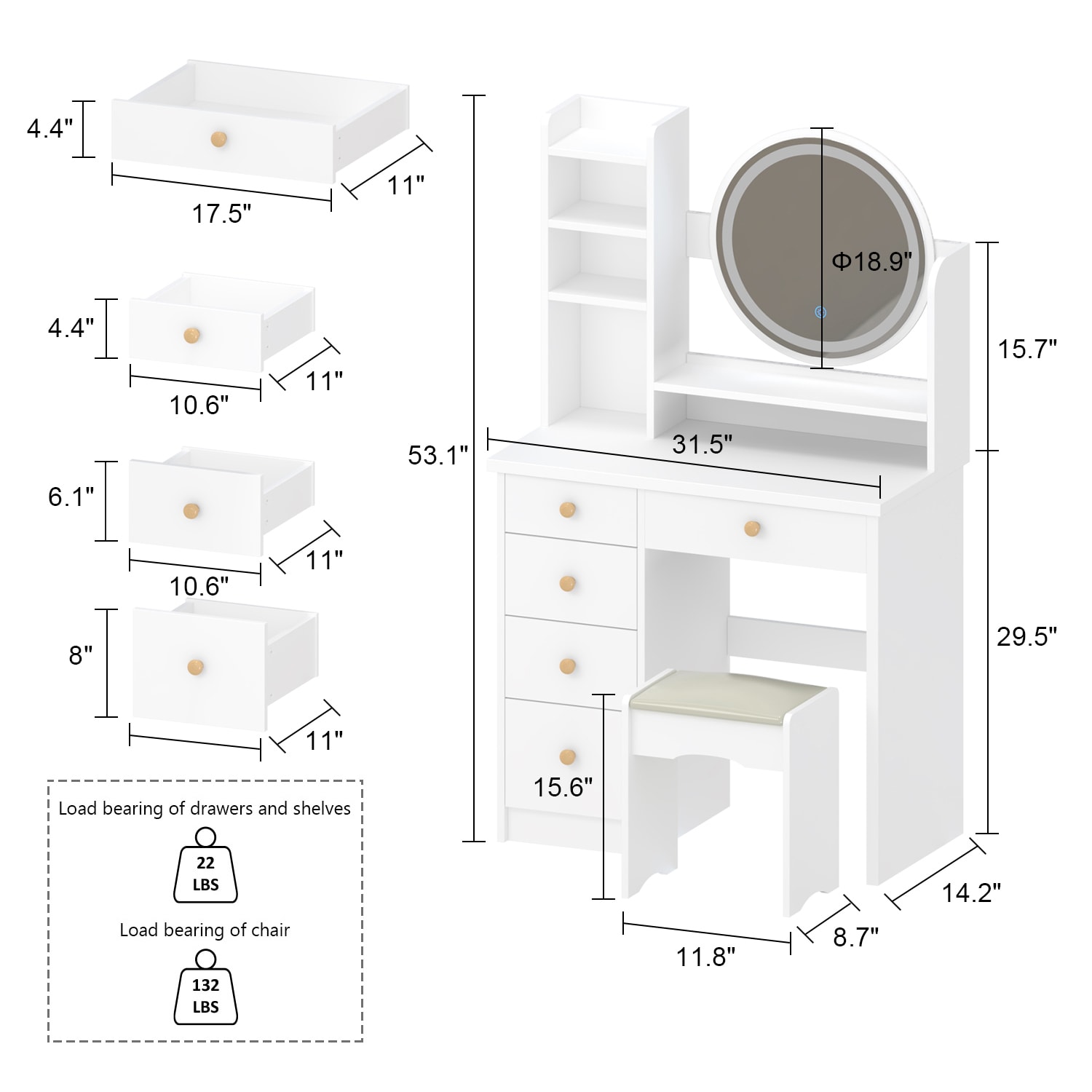 FUFU&GAGA Contemporary White Makeup Vanity Table Set with Mirror and ...