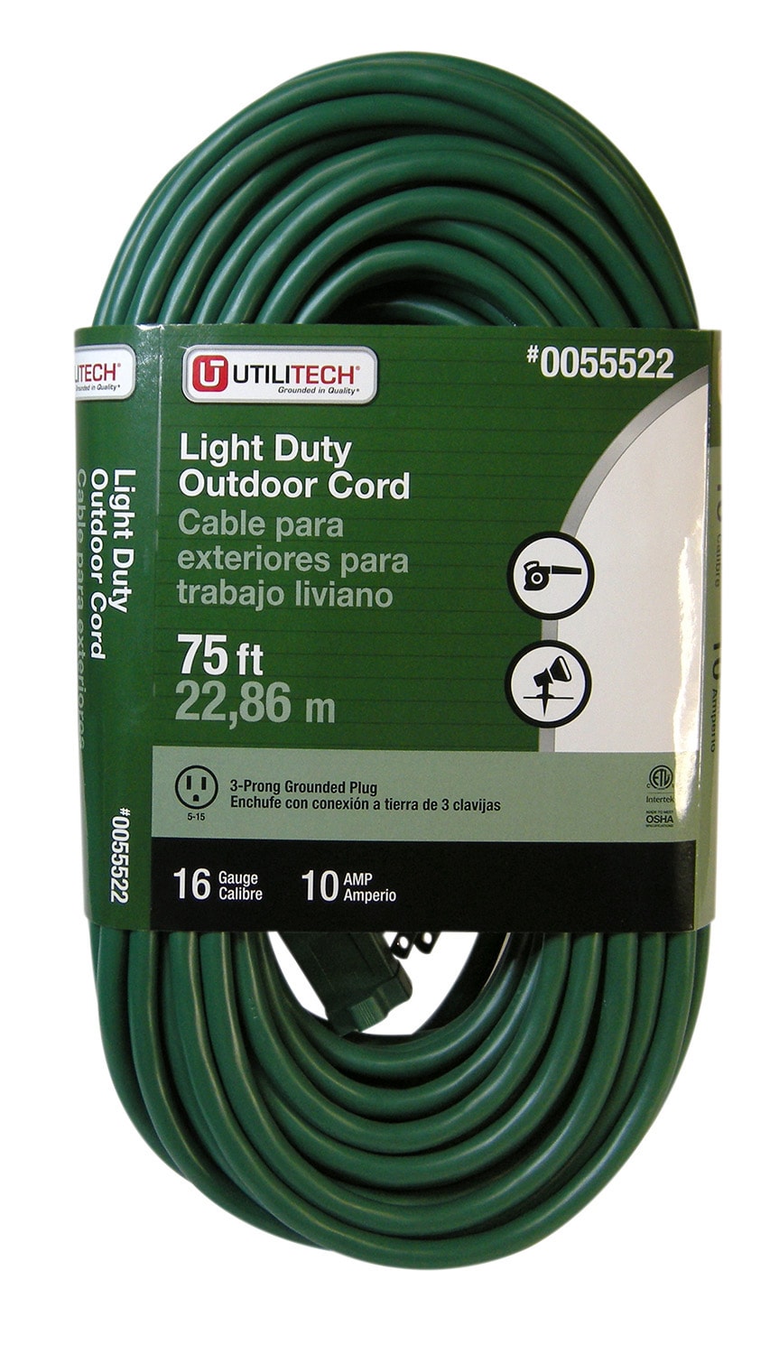 Utilitech 75-ft 16/3 3-Prong Outdoor SJTW Light Duty General Extension Cord - Green - Each