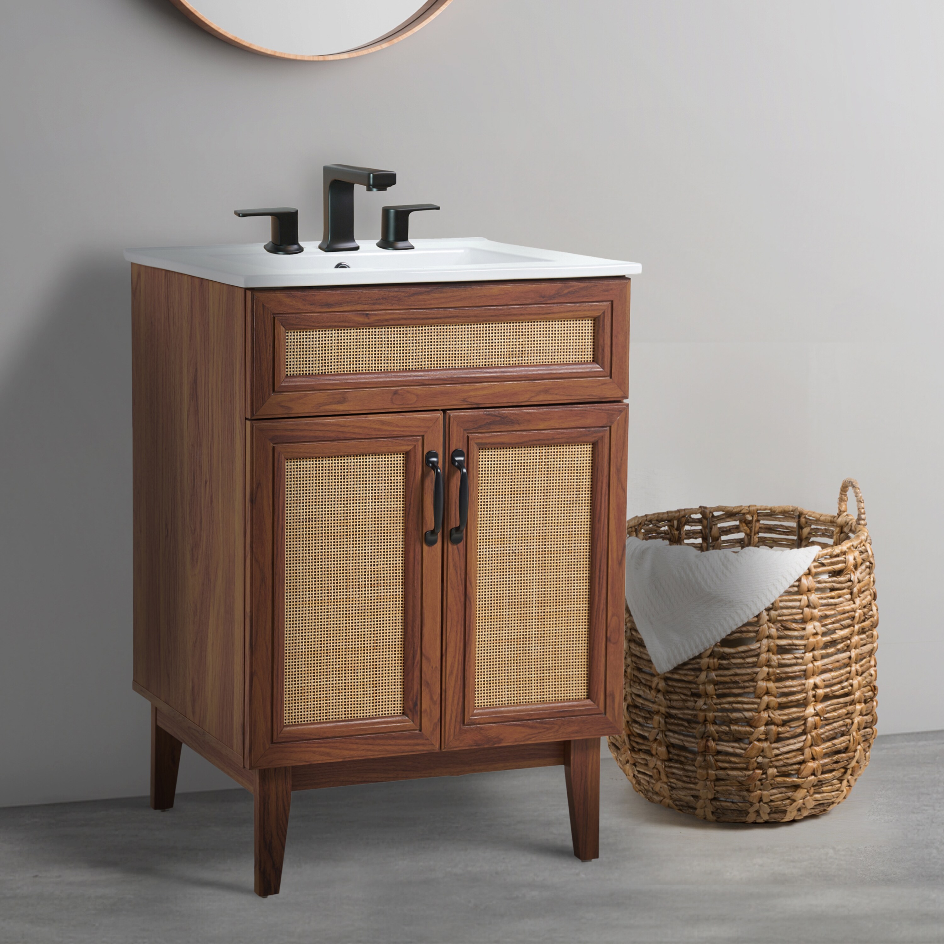 Javer 24" Walnut Rattan 2-Shelf Bath Vanity Cabinet