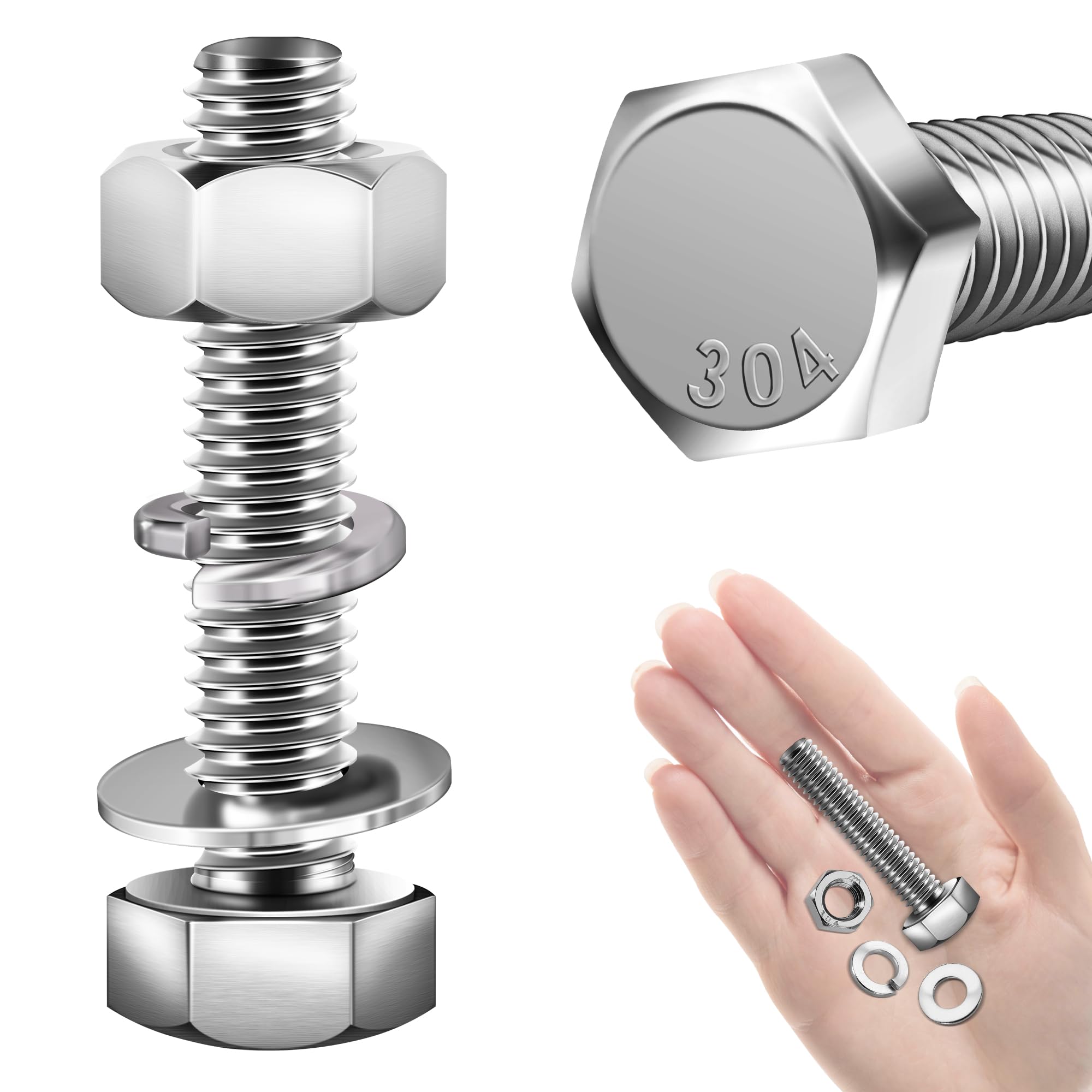 Ahfiwaso  5/16-18 by 1-1/2 Hex Head Bolts Nuts and Washers Assorted Set 40 Pieces 304 Stainless Steel Fully Threaded Hardware Kit