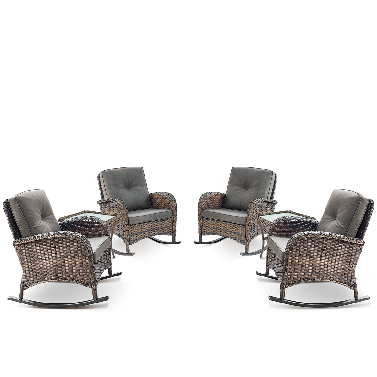 Rilyson FS086X2-3 KEY WEST Set of 4 Wicker Brown Wicker Frame Rocking Chair with Brown Gray Cushioned Seat