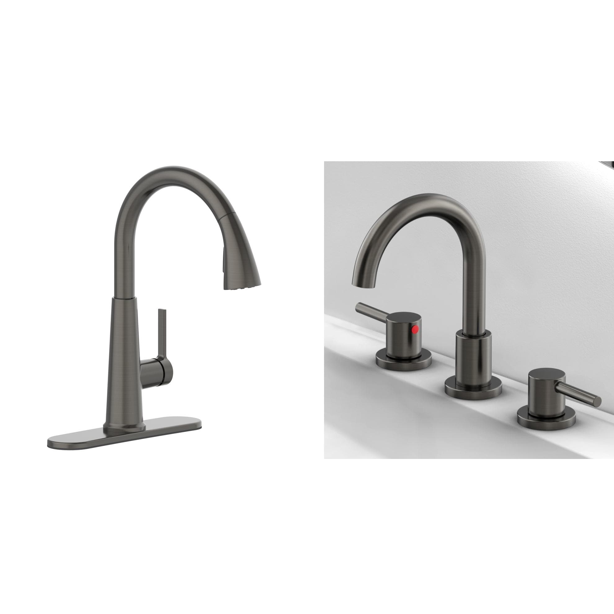 Project Source  Gunmetal Gray Kitchen Faucet with Sprayer and Widespread 2-Handle Bathroom Sink Faucet with Drain
