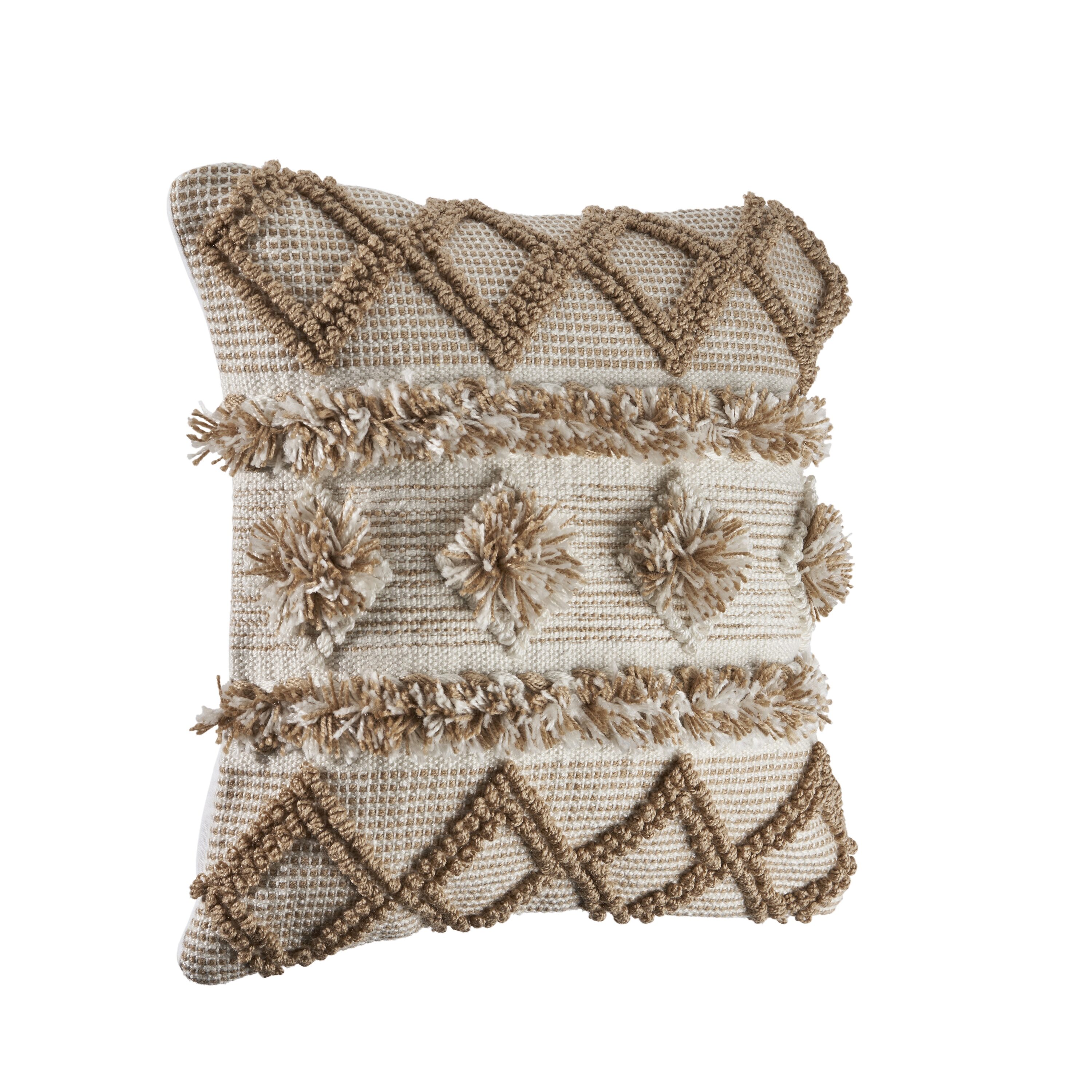 Neutral Beige and Cream Pom Pom Geometric Square Pillow