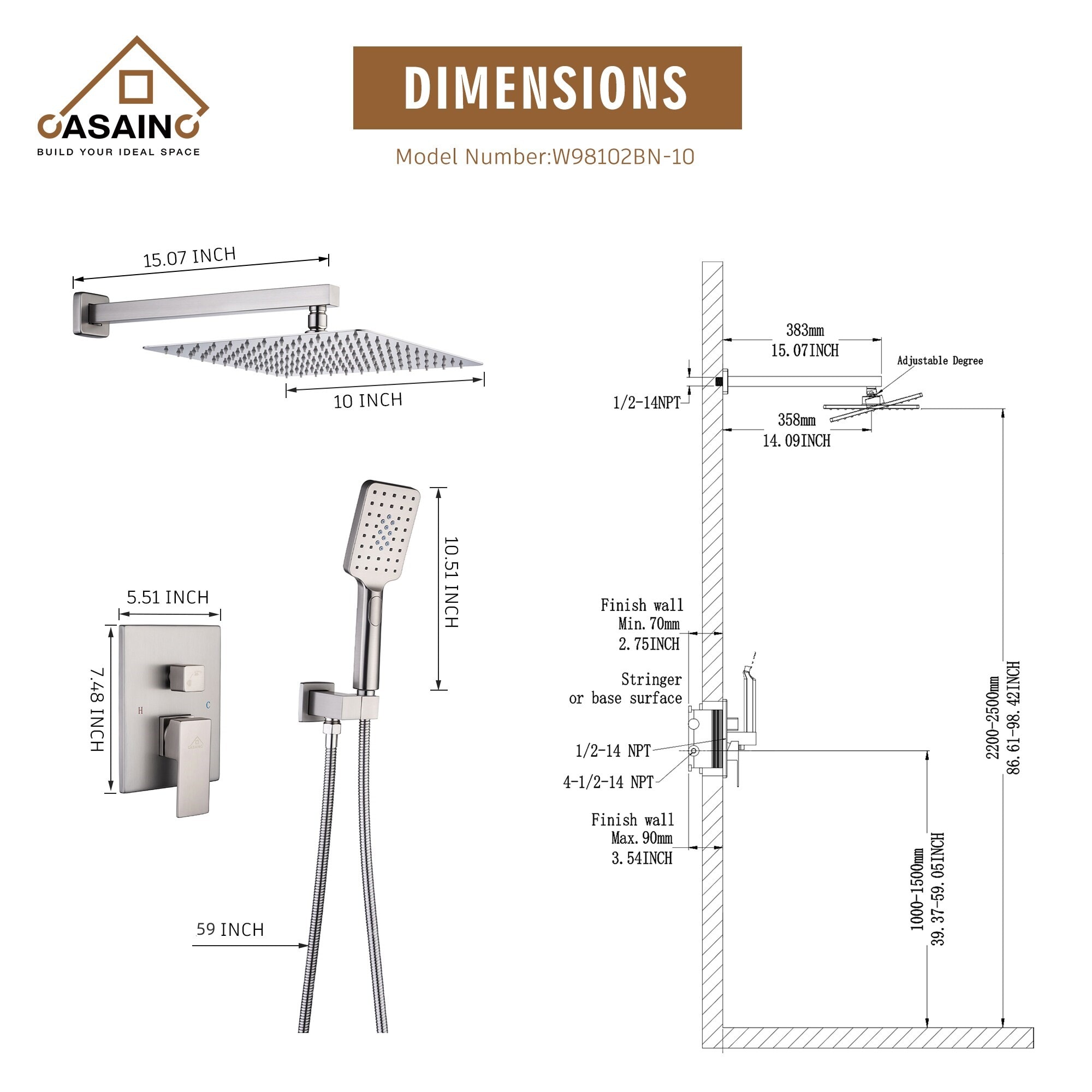 CASAINC EB-W-2-10-BN Showerhead-Bar-Panels - View #6