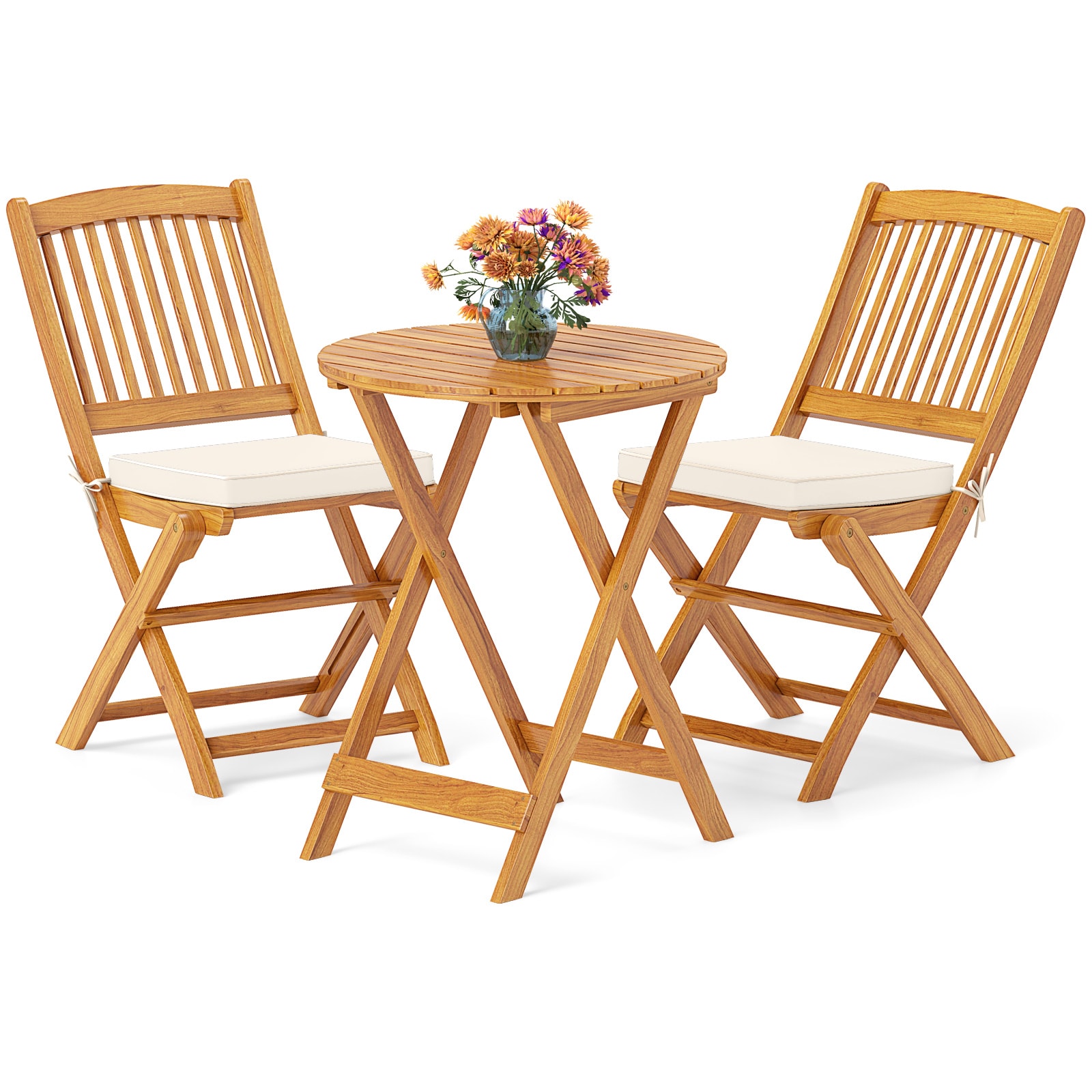 Slickblue - Outdoor Folding 3-Piece Natural Finish Acacia Wood Bistro Patio Dining Set - Round Ta...