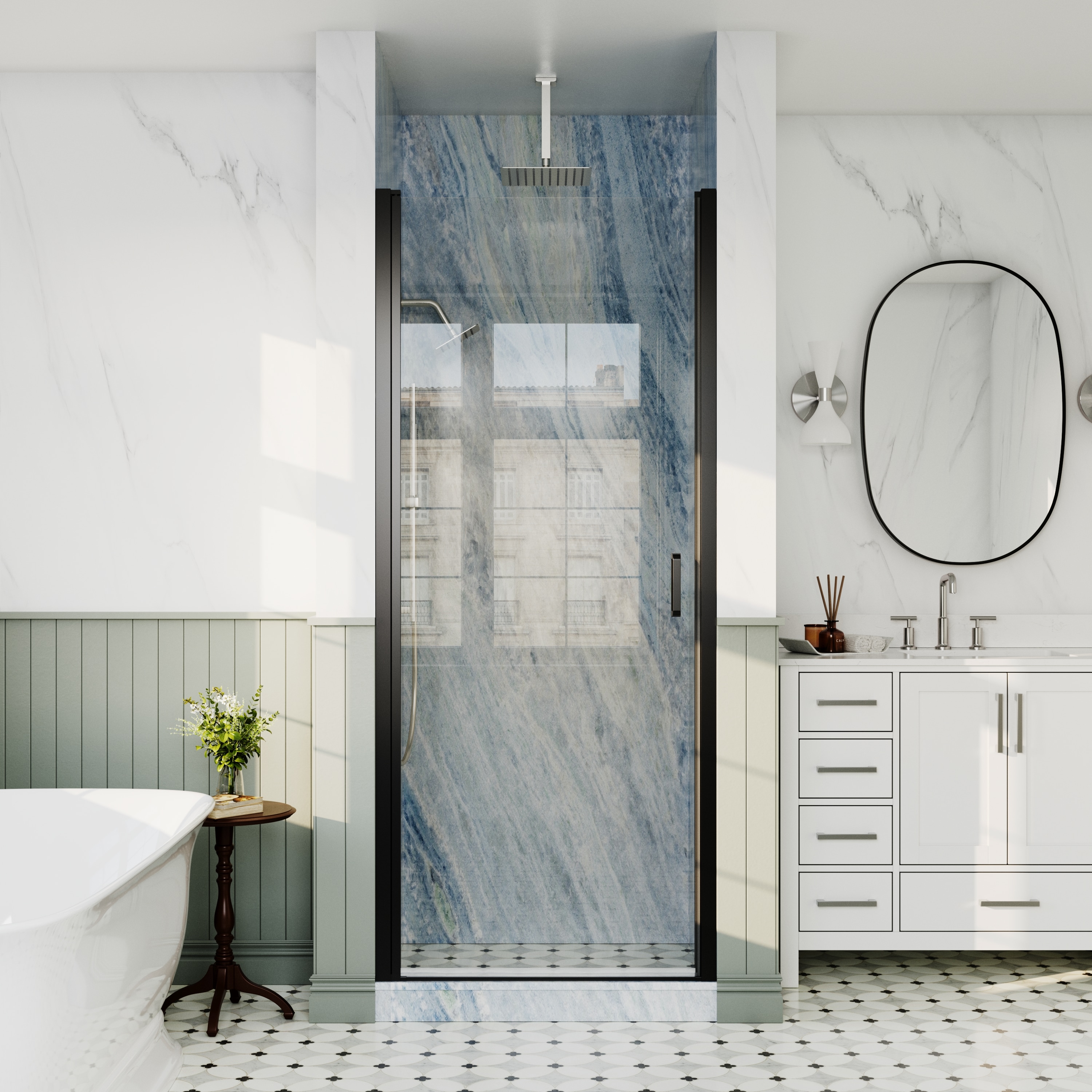 ANGELES HOME  APEX 32-7/16-in to-34-in W x 72-in H Semi-Frameless Pivot Shower Door in Matte Black