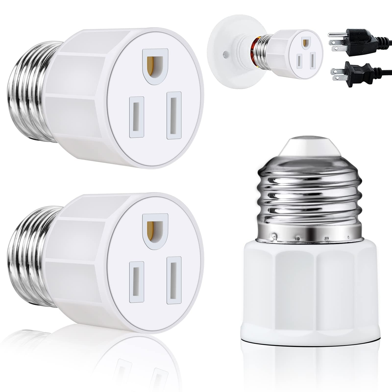Misopily Light Socket to Plug Adapter 3 Prong E26 E27 Polarized Outlet Converter for Garage Porch Indoor Use Fire Resistant Material 2 pcs White #LMS0604M071