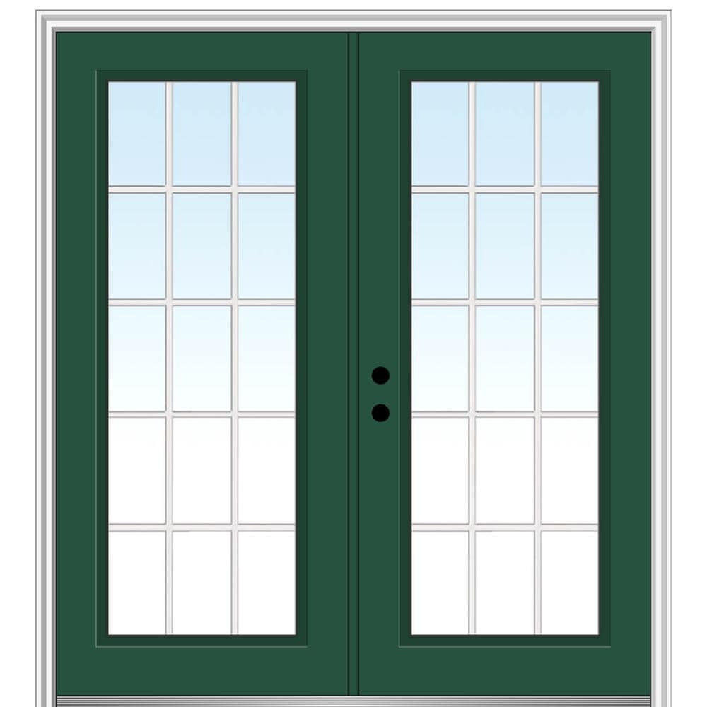 MMI DOOR ZZ04938R 64-in x 80-in x 4-9/16-in Fiberglass Full lite Right-hand inswing Hunter Green Painted Prehung Double Front Door with Brickmould Insulating core with Grilles