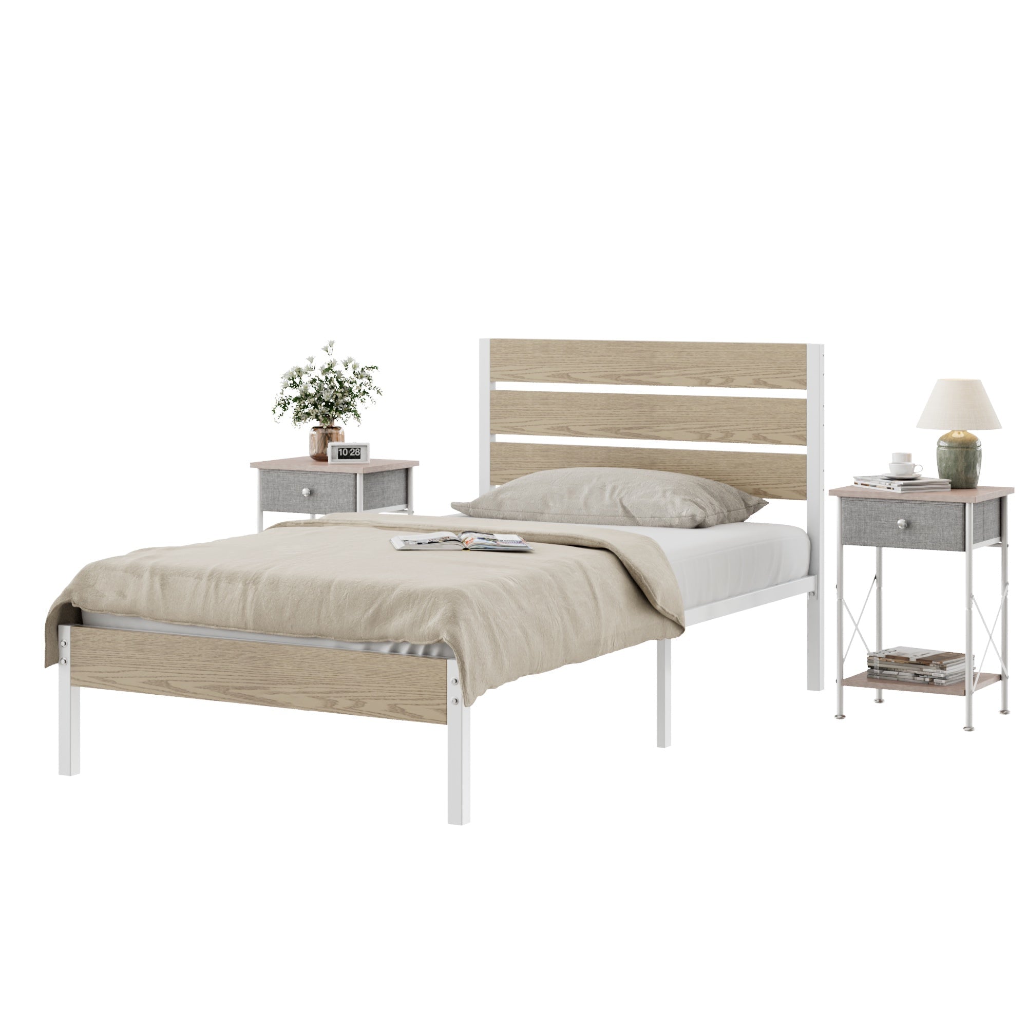 Vecelo Industrial Bedroom Set Metal Wood Platform Twin Size Bed Frame with Headboard and 2 Piece Nightstand Set Storage Furniture Light Brown