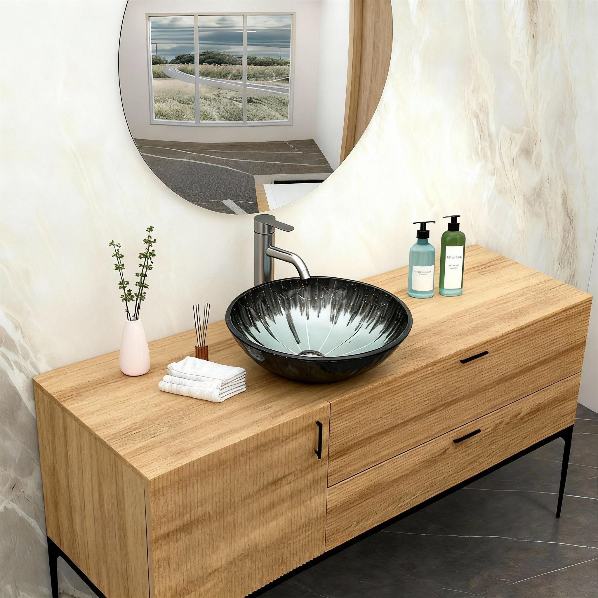 Tatayosi Artistic Gray Crackle Tempered Glass Vessel Sink with Pop-up Drain Bathroom Oval Basin Tempered Glass Vanity