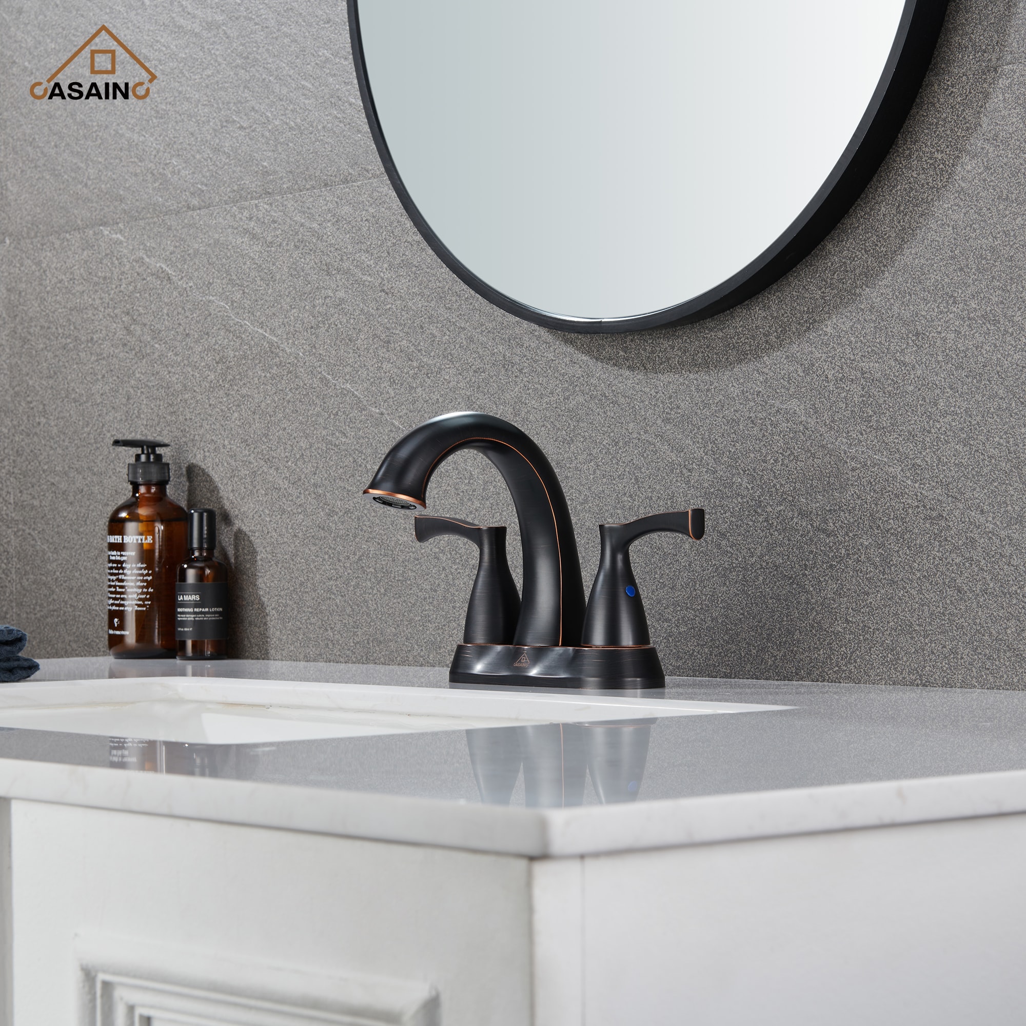 CASAINC CASA02GP01NS Oil-rubbed Bronze 4-in centerset 2-handle Low-arc Residential Handle Bathroom Sink Faucet with Drain with Deck Plate