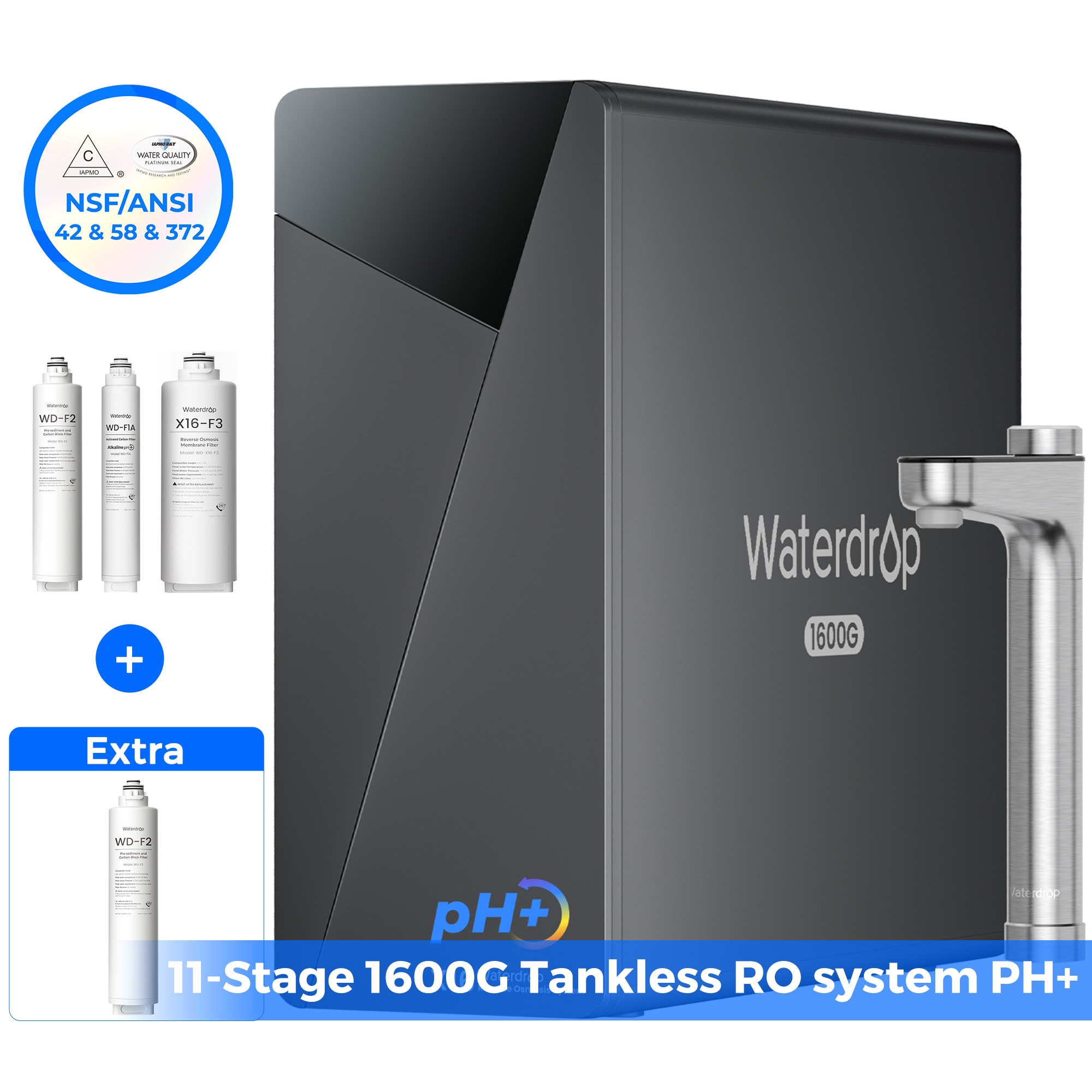 Waterdrop 11-stage X16-S with F2 Filter Composite/Activated carbon Reverse Osmosis Filtration Under Sink Water Filtration System with LED Purifier Stainless Steel Smart faucet Faucet