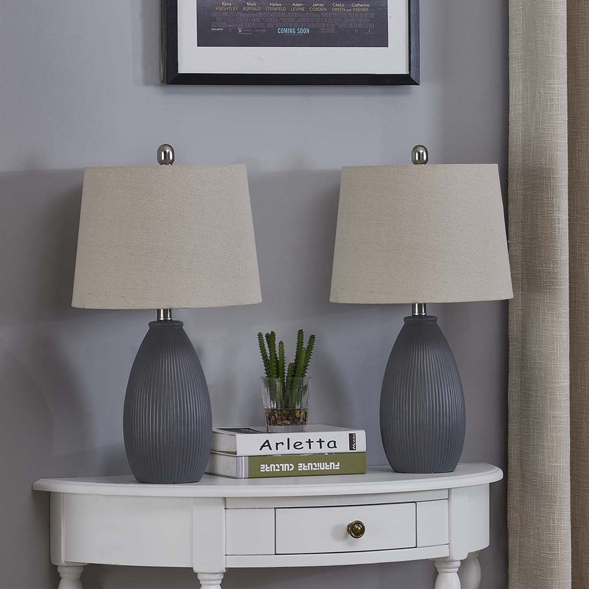 Gray Ceramic Table Lamp Set with Oatmeal Shades
