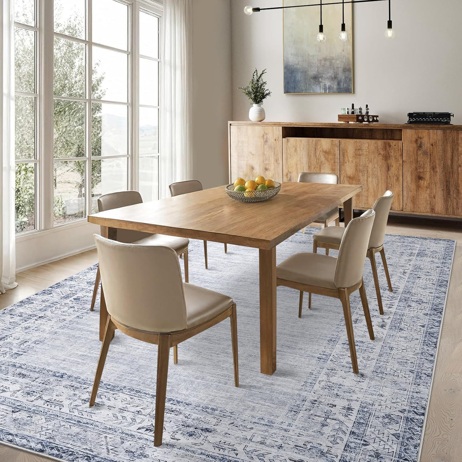 5 x 7 ft Polyester Light Blue Rectangular Indoor Bedroom Living Room Distressed Floral Print Vintage Machine Washable Area Rug