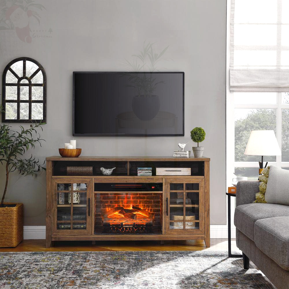 SunJet 55 Inch TV Media Stand with Electric Fireplace KD Insert and Heater in Reclaimed Barnwood Finish