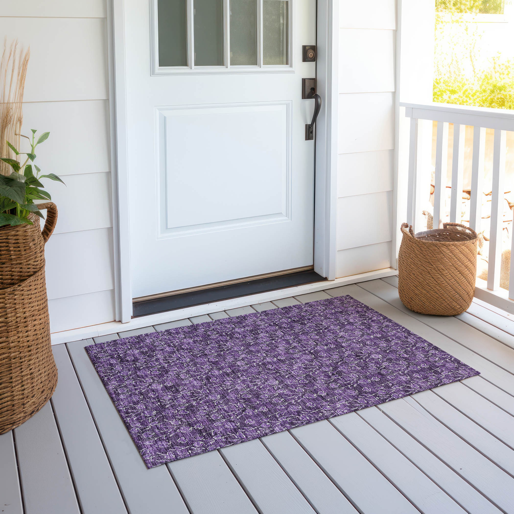 Purple Floral Synthetic Flat Woven Rectangular Rug