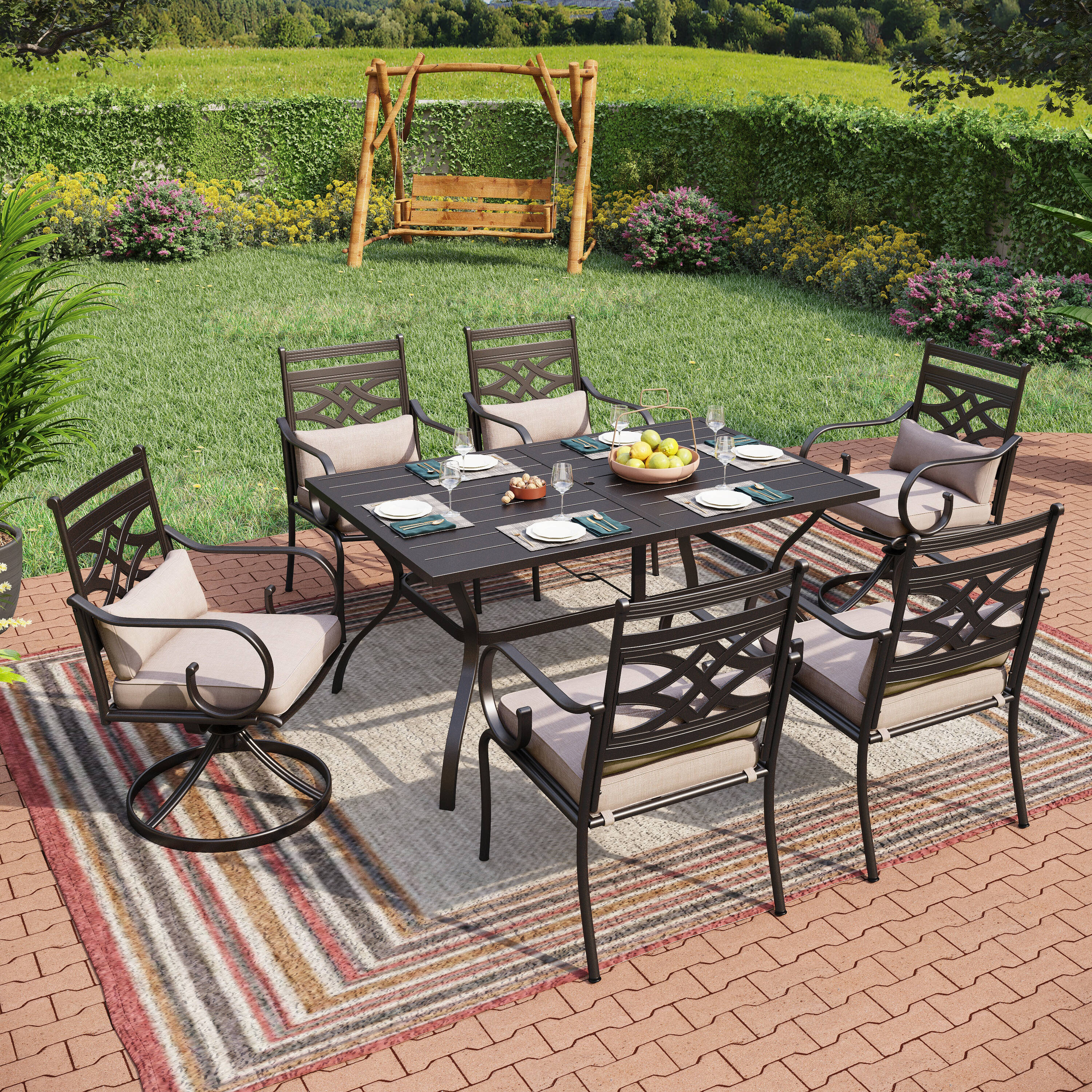 Sunshine Valley TC7-405-406-0604 ABERDEEN 7 -Piece Black Patio Dining Set Steel Rectangle Table with 6 Tan Cushions Stationary Chairs