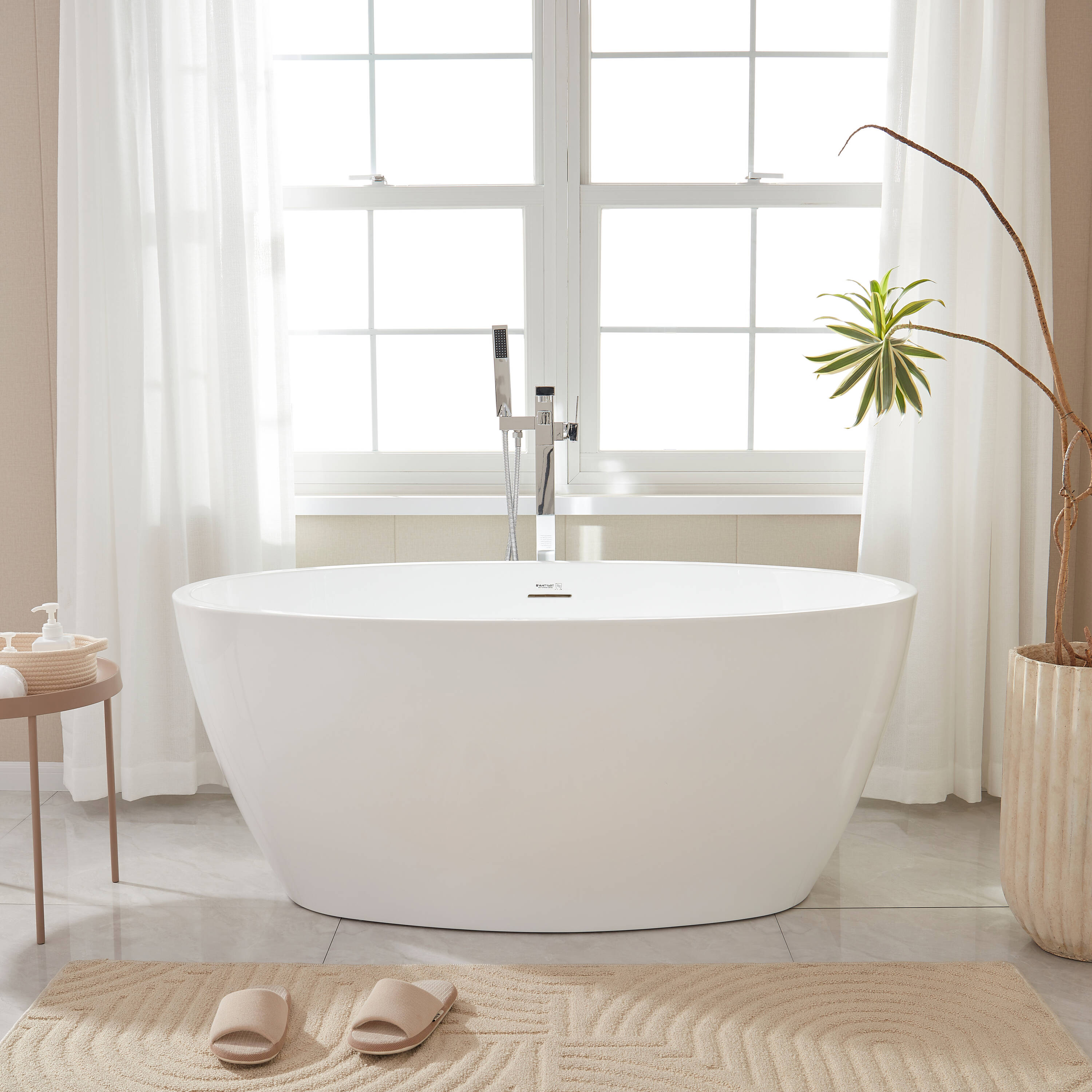 Vanity Art VA6834-IO-S 31.9-in x 55-in White/Integrated Overflow Acrylic Oval Freestanding Soaking bathtub ( Center Drain )