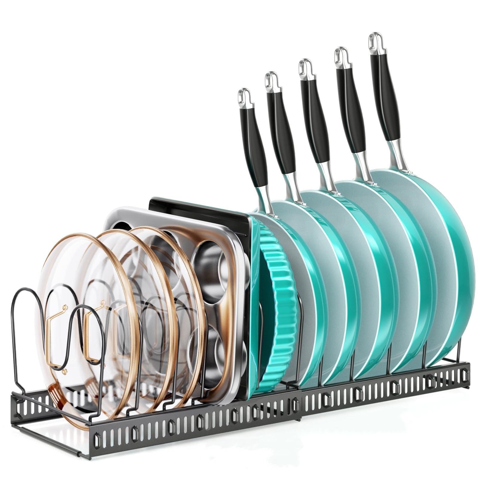Wudkey Black Expandable Under-Cabinet Pots and Pans Organizer with 12 Adjustable Dividers Pot Lid and Cutting Board Holder for Kitchen Storage