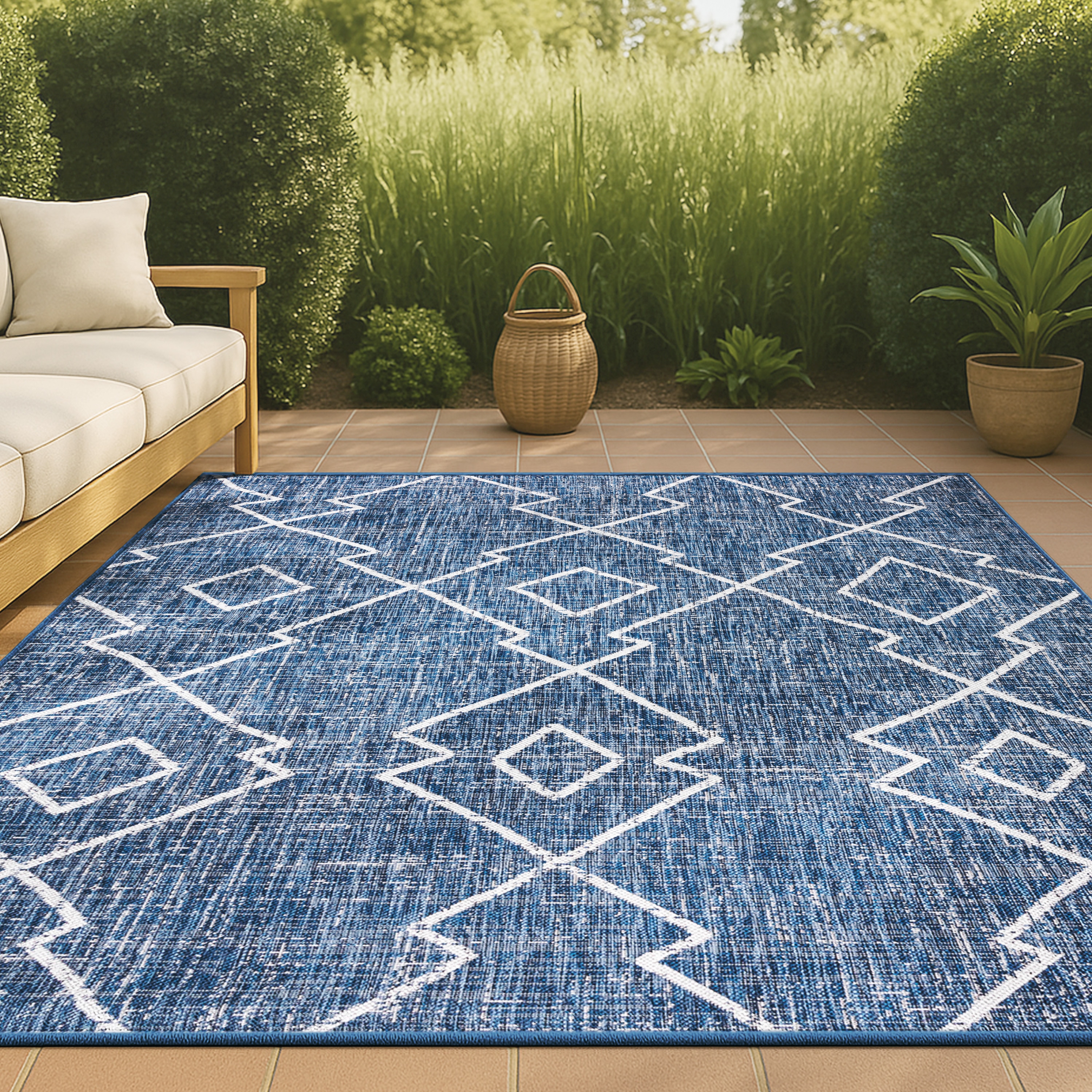 JONATHAN  Y SMB128C-5 Santa Monica Carwa Tribal Diamond 5 x 8 (ft) Loomed Polypropylene Blue/Ivory Rectangular Indoor/Outdoor Geometric Bohemian/Eclectic Area rug