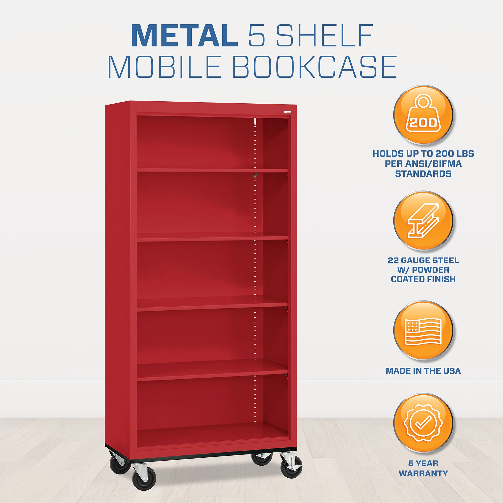 Red Steel Mobile Bookcase with Adjustable Shelves, 78" Height