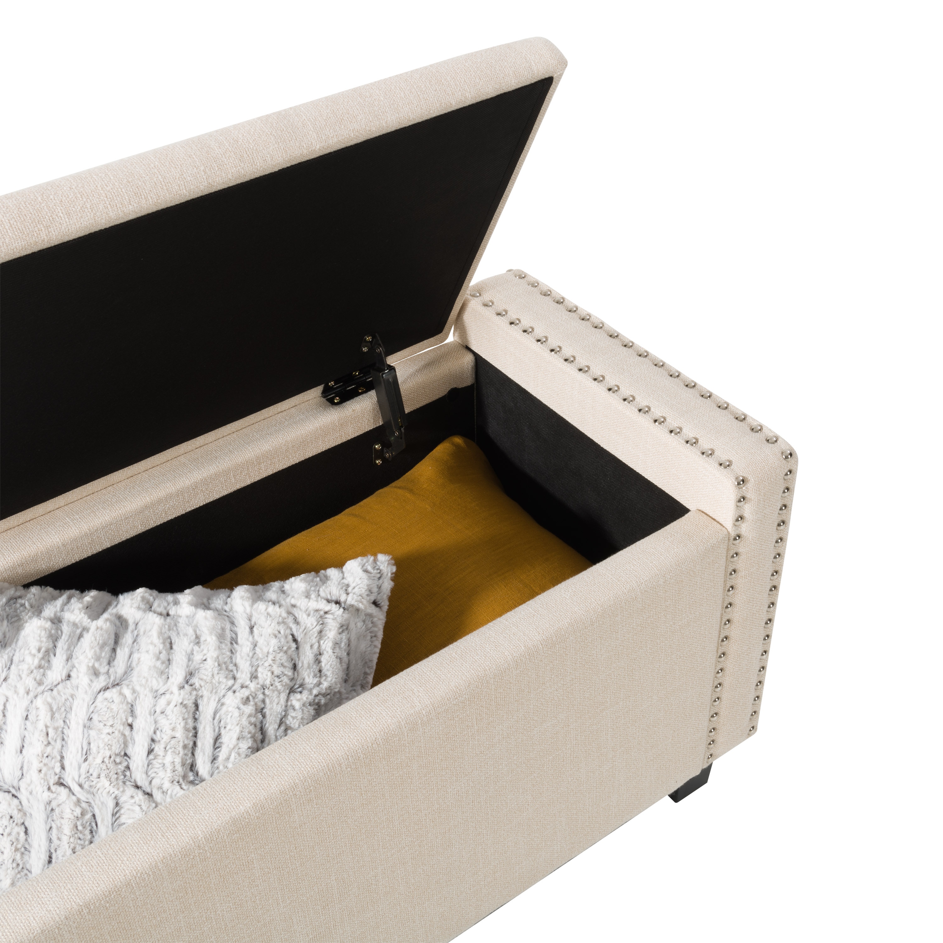Luna Beige Fabric Storage Ottoman with Nailhead Trim