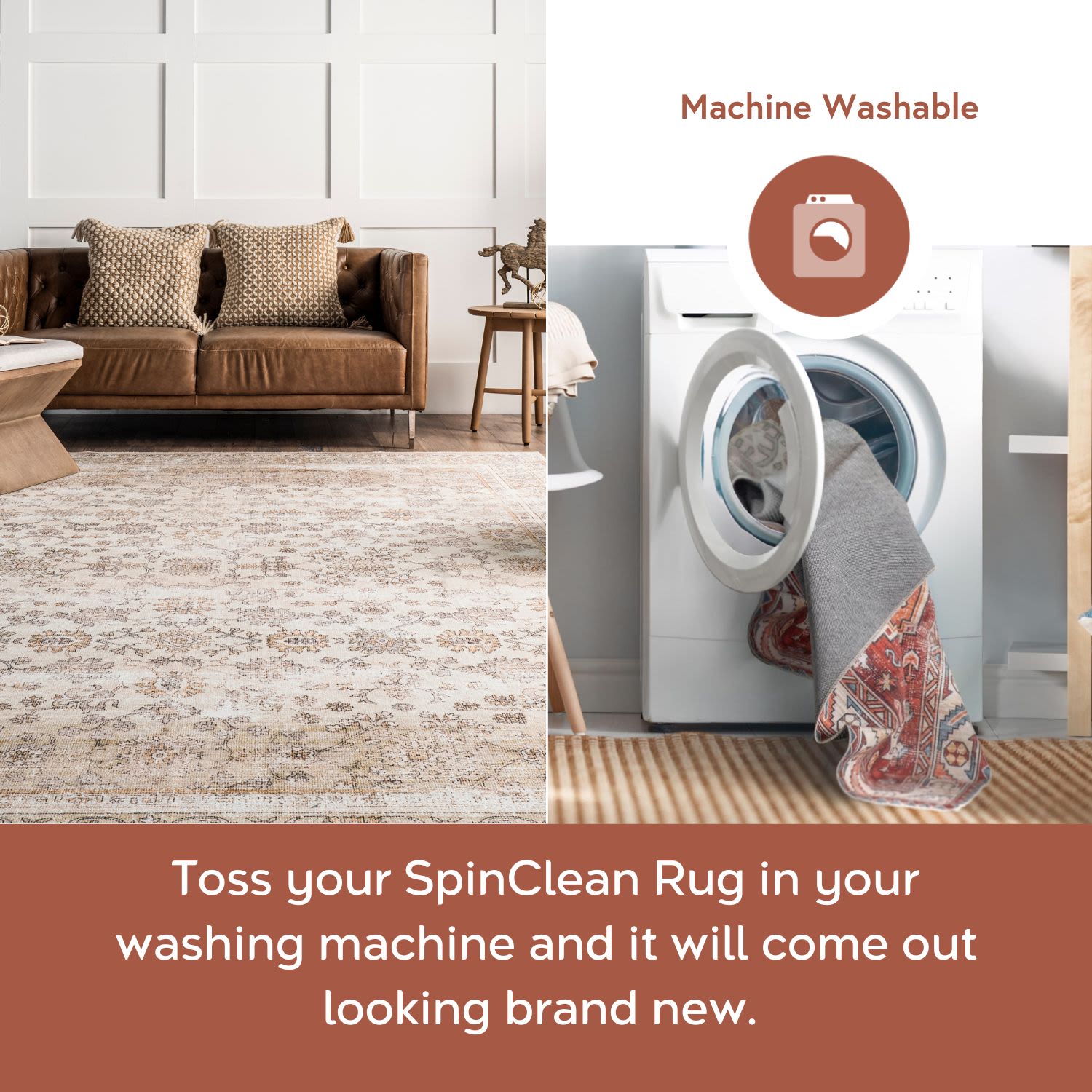 Beige Floral Machine Washable Stain-Resistant Area Rug