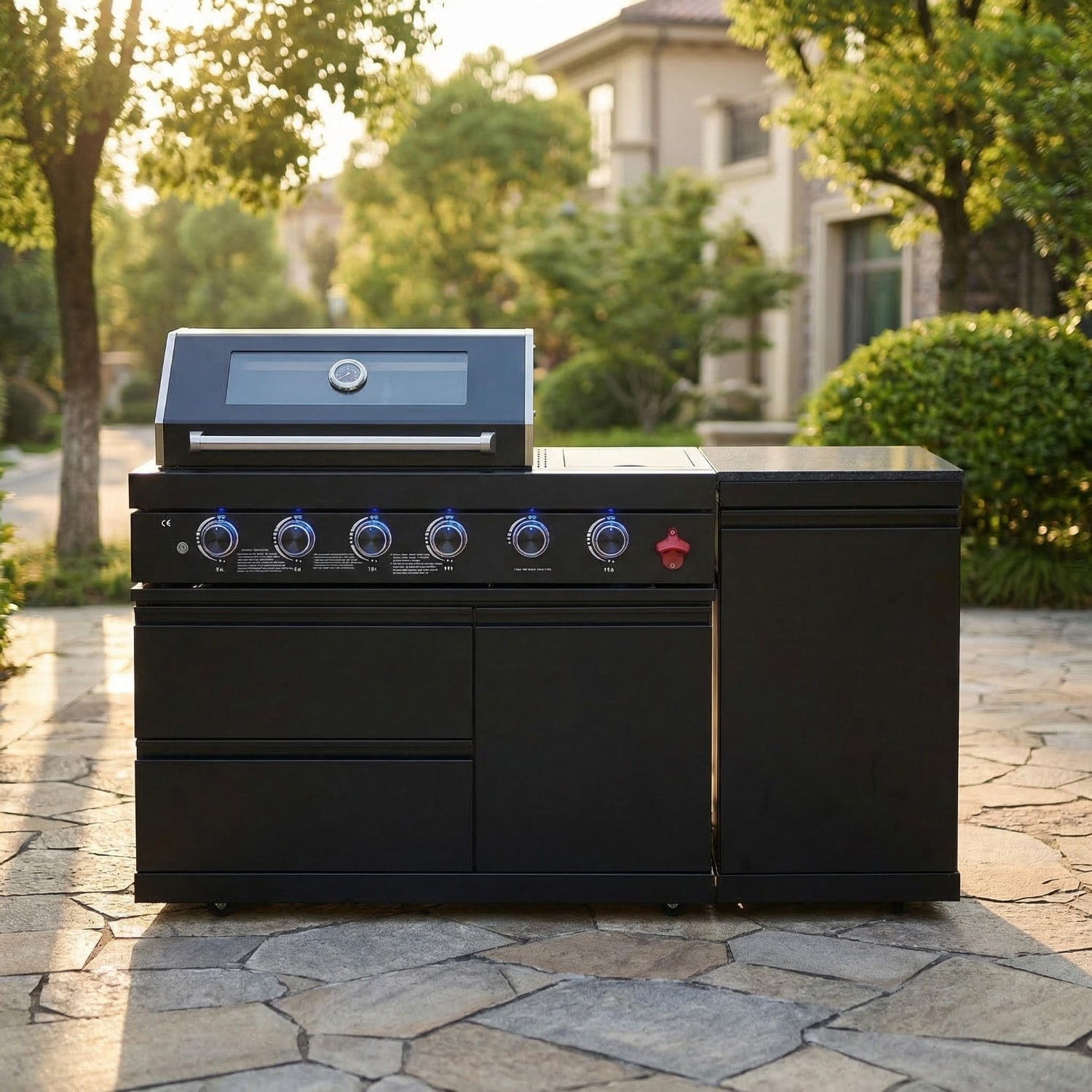 Wooakway 65-Inch Black 304 Stainless Steel Outdoor Kitchen Island Outdoor BBQ Island Outdoor Grill Island Outdoor Kitchen Grill Station 4-Burner 72000 BTU Deluxe Gas Grill with Round Side Burner Refrigerator and Marble Countertops