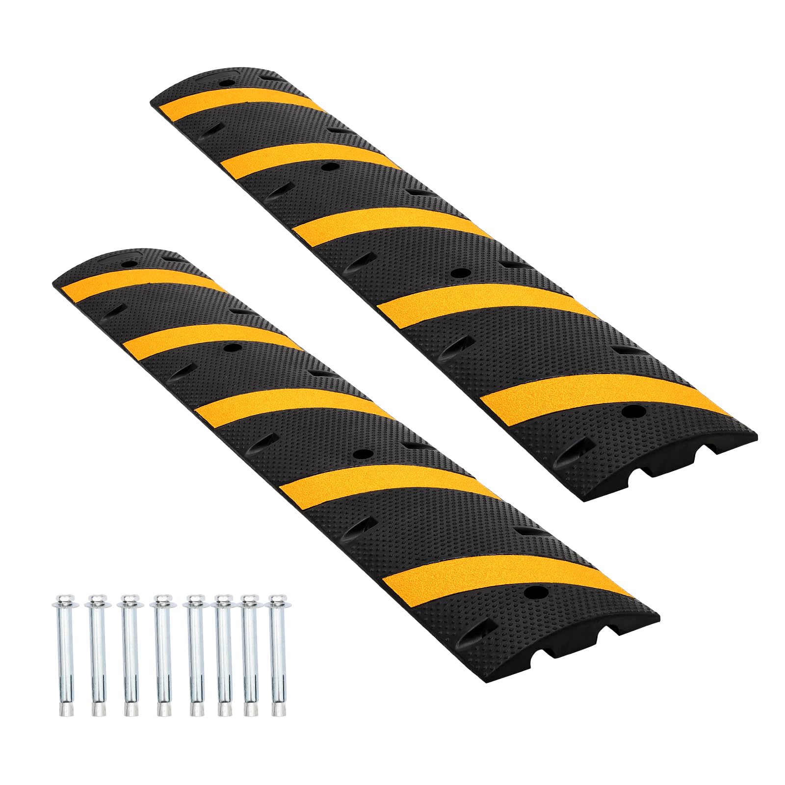 GarveeLife 2PCS-6FT-Rubber-Speed-Bumps / 66000 LBS Max Load / Honeycomb Internal Structure / Cable Slots-Drain Grooves Reflective Anti-Slip Surface for Parking-Lot-Road-School-Warehouse-Hotel