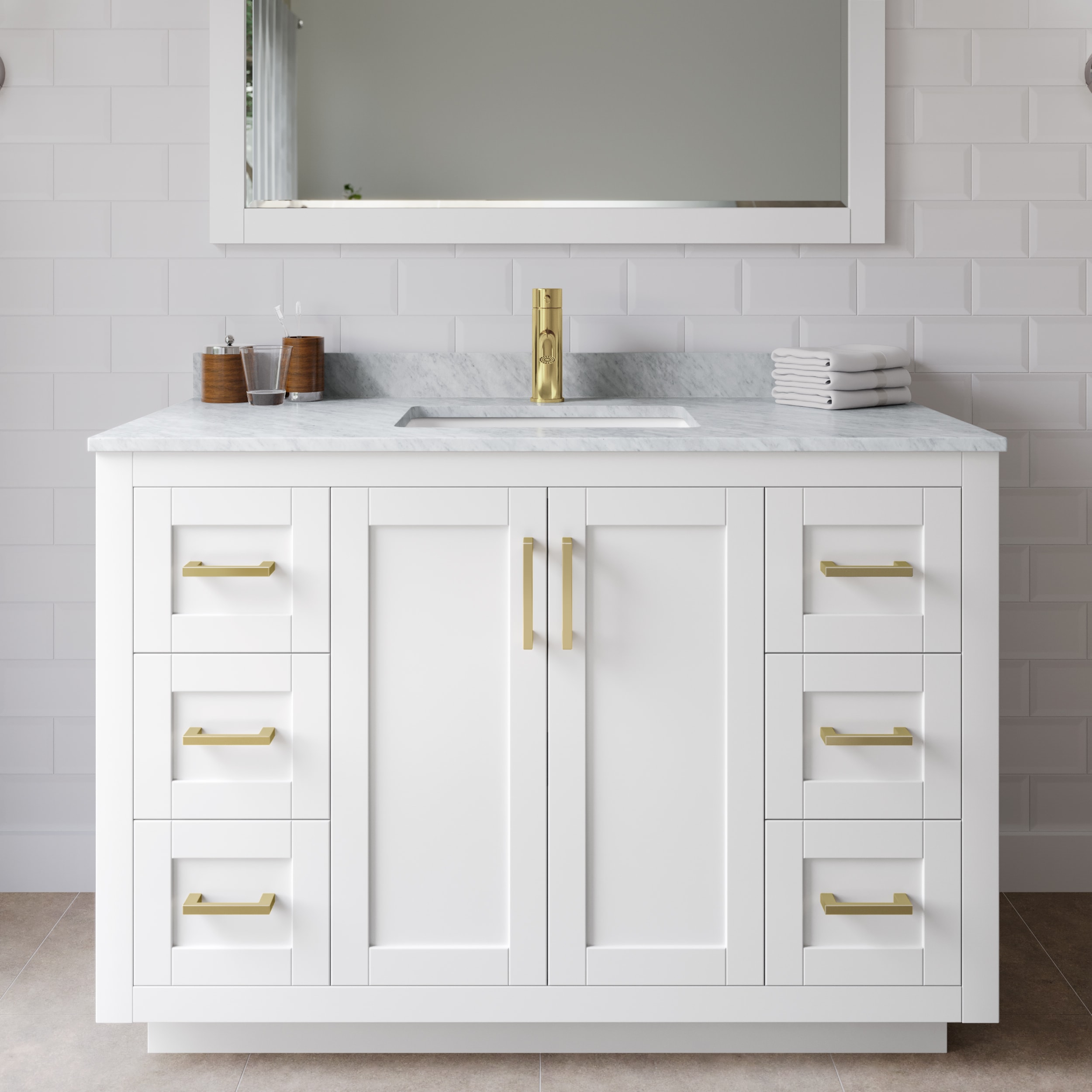 Wyndham Collection WCF292948SWGCMUNSMXX Miranda 48-in WWhite with Brushed Gold Trimhite Undermount Single sink Bathroom Vanity with White Carrara Marble Marble Top