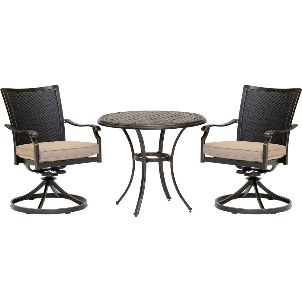 Hanover TRADDNWB3PCSWC-TAN Traditions 3 -Piece Bronze Patio Dining Set Aluminum Round Table with 2 Tan Cushions Swivel Rocker Chairs