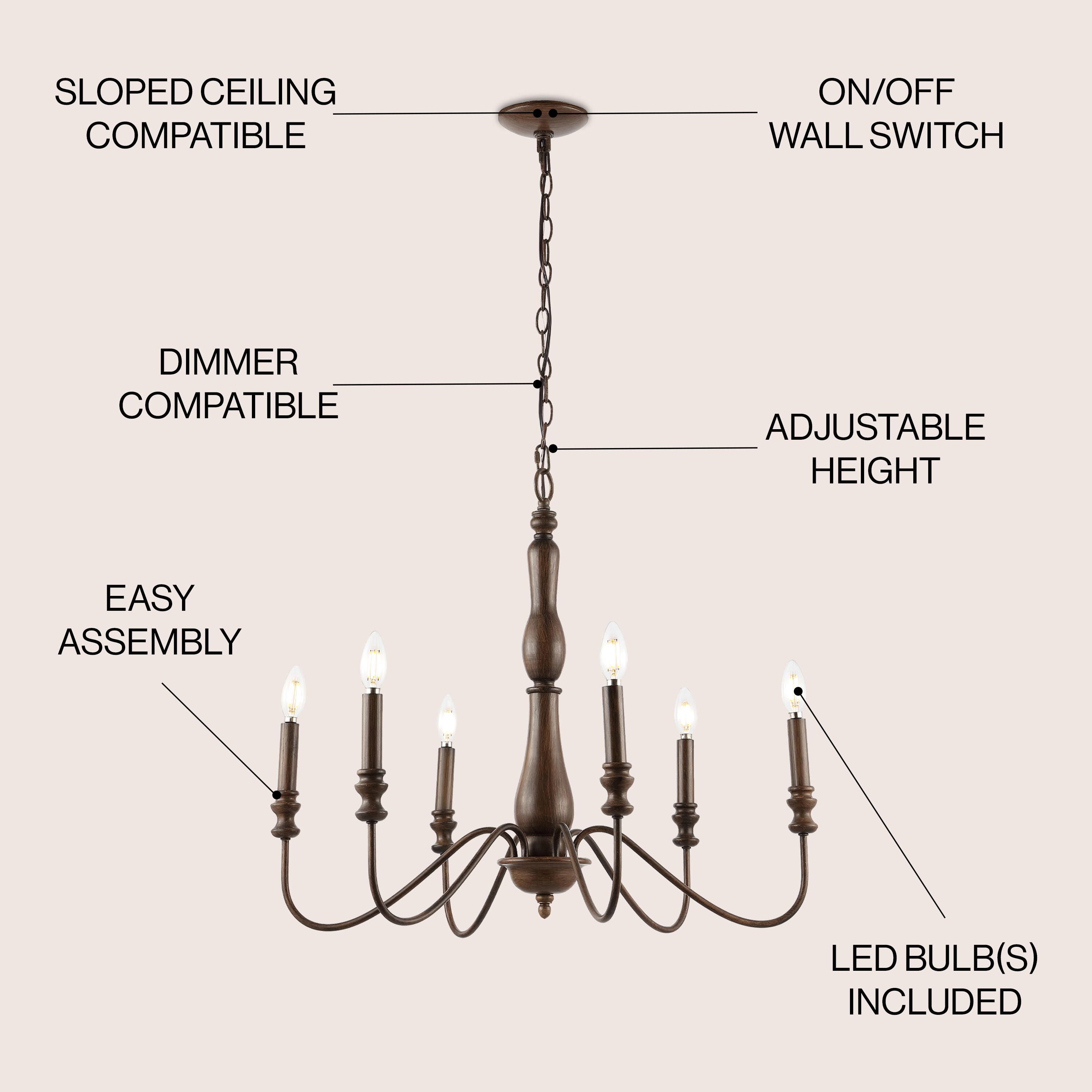 Victoria 29" Rustic Brown Iron 6-Light LED Candle Chandelier
