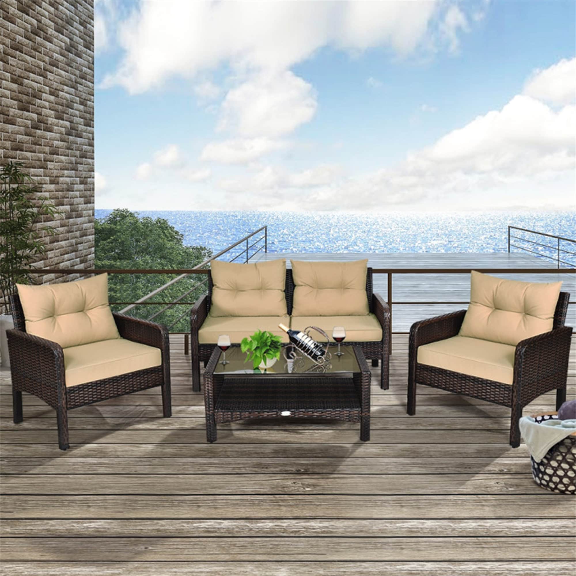 BABOOM BOM-637ABN+-CO Outdoor Furniture Set 4 -Piece Rattan Patio Conversation Set with Off-white polyester Cushions