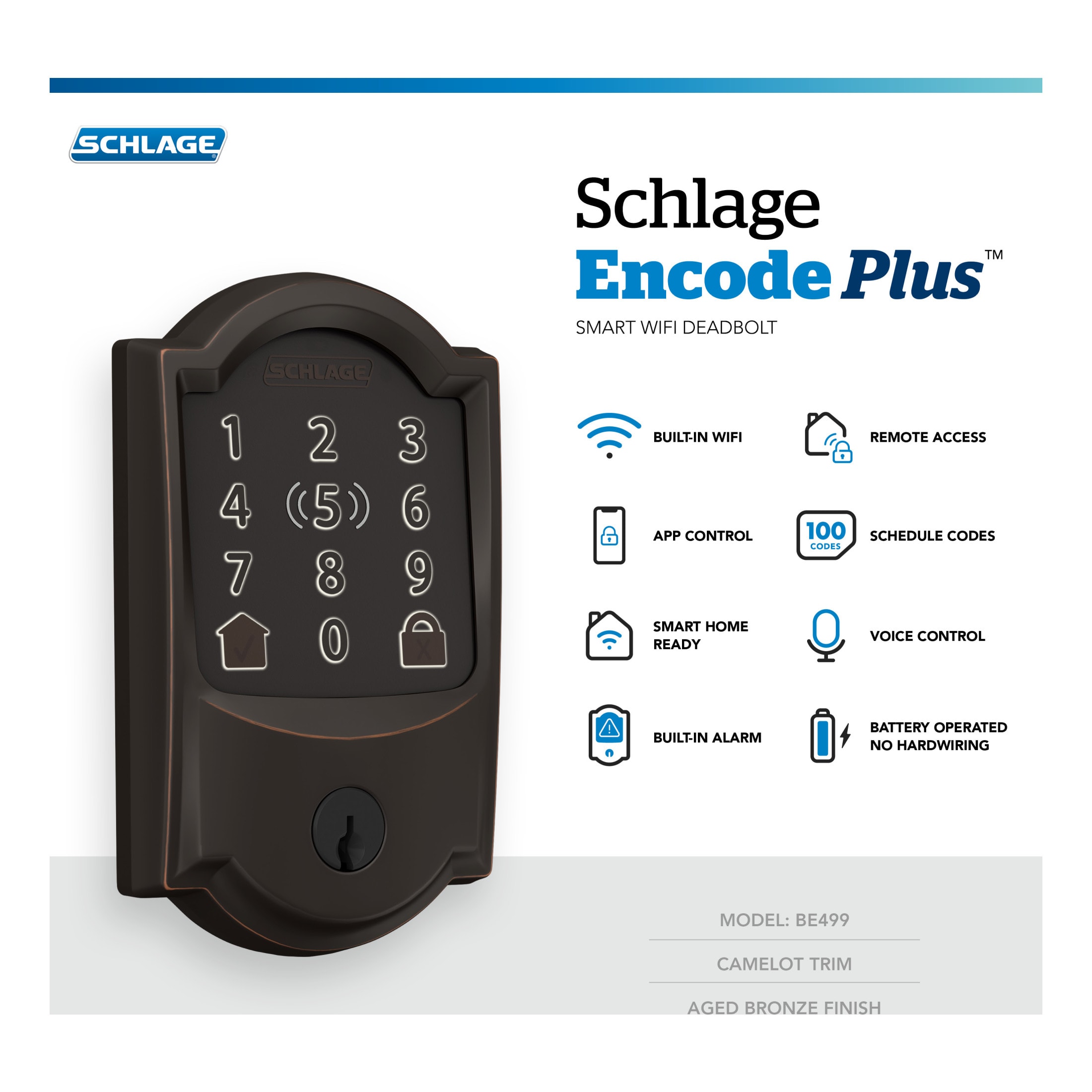 Schlage Encode Plus Camelot Aged Bronze Wifi Bluetooth Single Cylinder  Electronic Deadbolt Lighted Keypad Touchscreen Smart Lock at