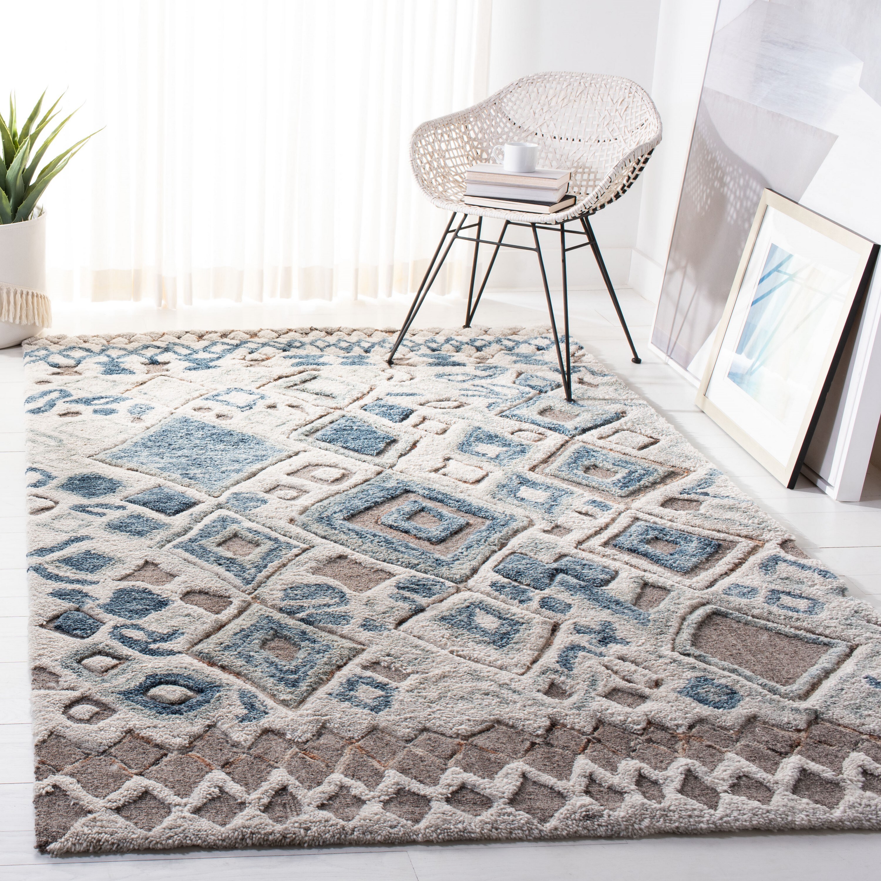 Safavieh CSB618B-4 Casablanca Masako 4 x 6 (ft) Tufted Wool Beige/Navy Rectangular Indoor Abstract Moroccan Area rug