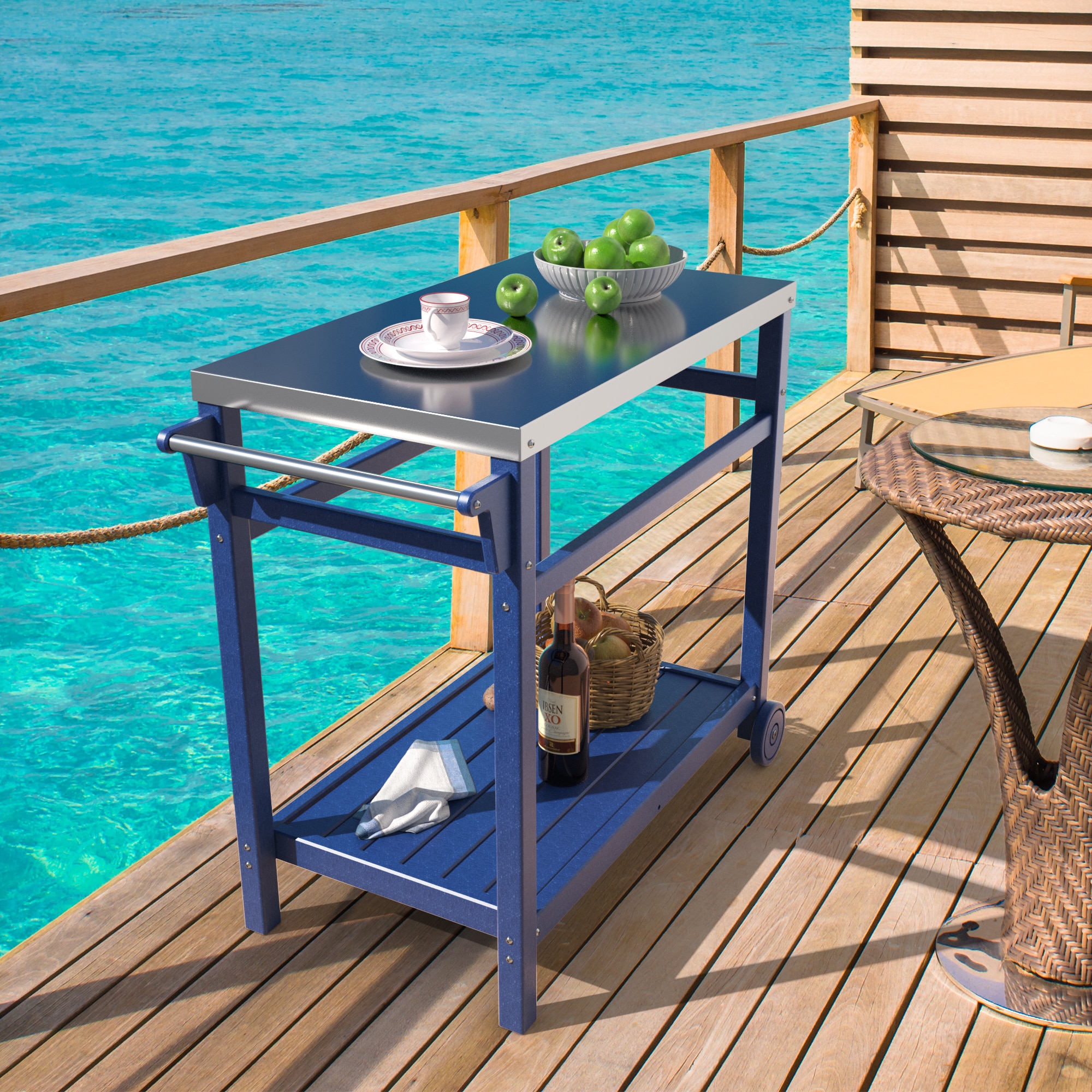 Poly furniture KC-SS01-NB Portable Outdoor Grill Cart with HDPE Legs Navy Blue Plastic Grill cart