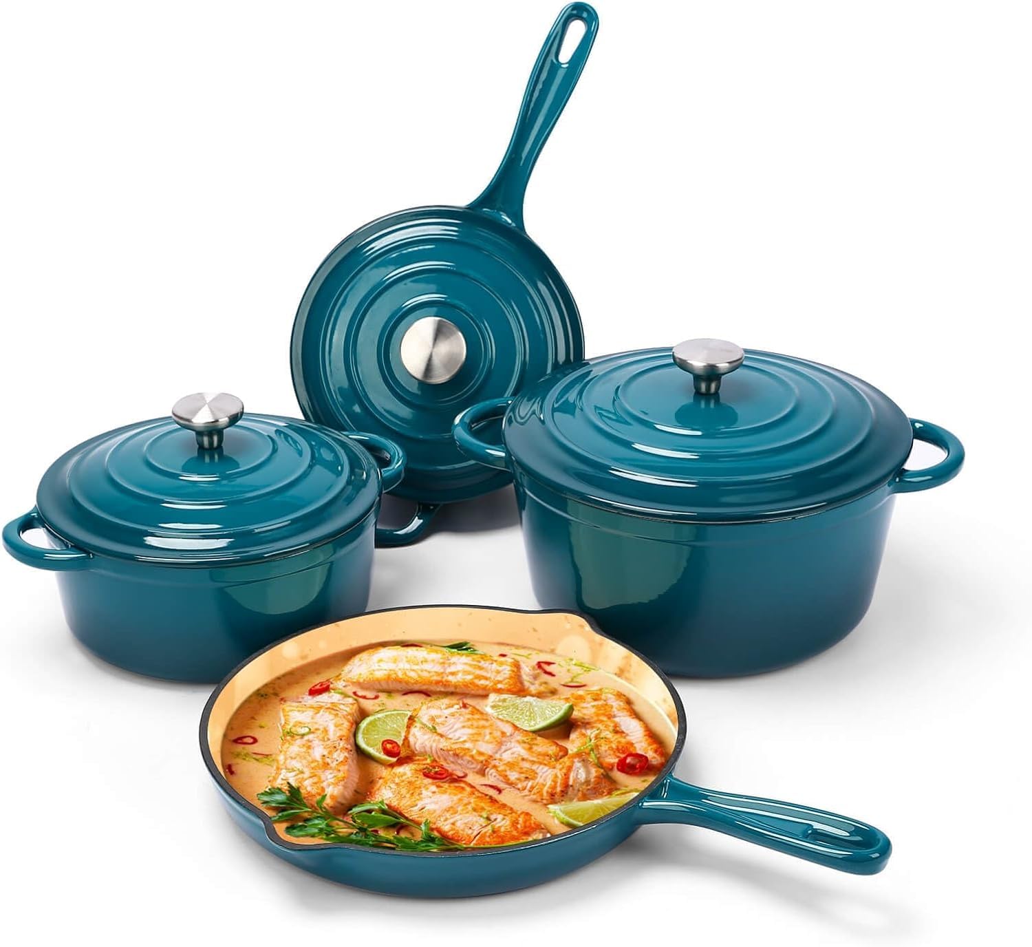 DHMHD  Enameled Cast Iron Cookware Set 7 Piece Dutch Ovens Sauce Pan Skillet Pots and Pans Ceramic Coated Heavy Duty Gas Induction Compatible