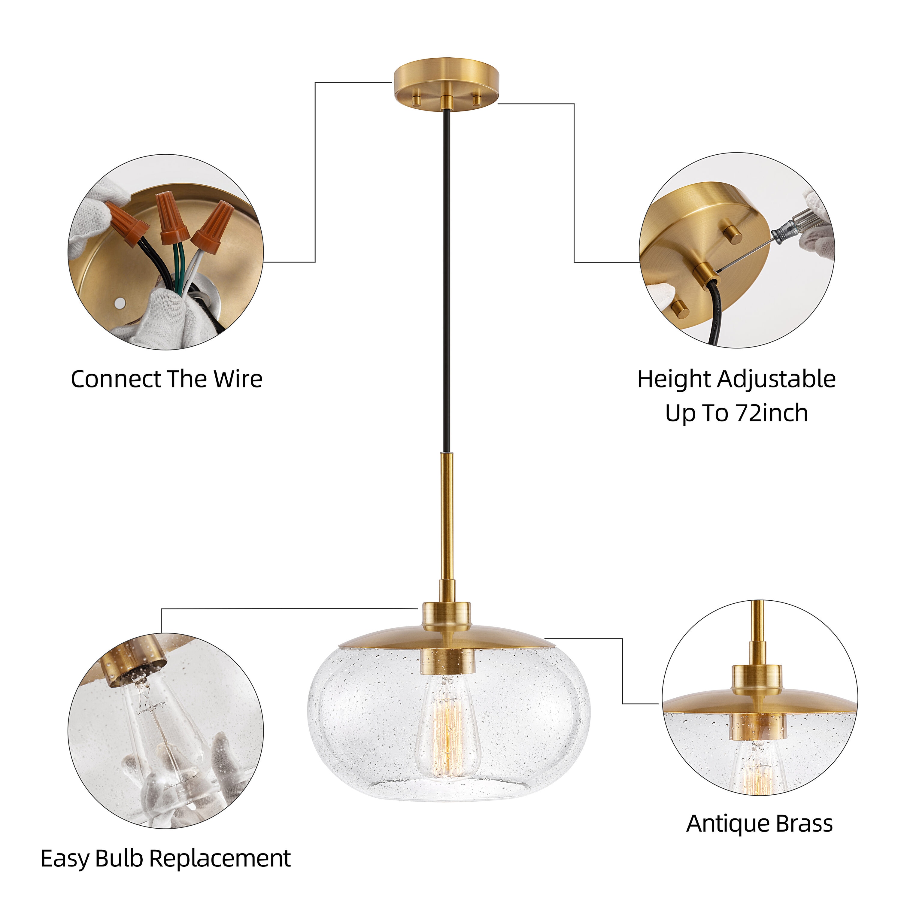 KAWOTI 1-Light Modern Antique Brass Pendant Light with Seeded Glass Shade  21147 - The Home Depot