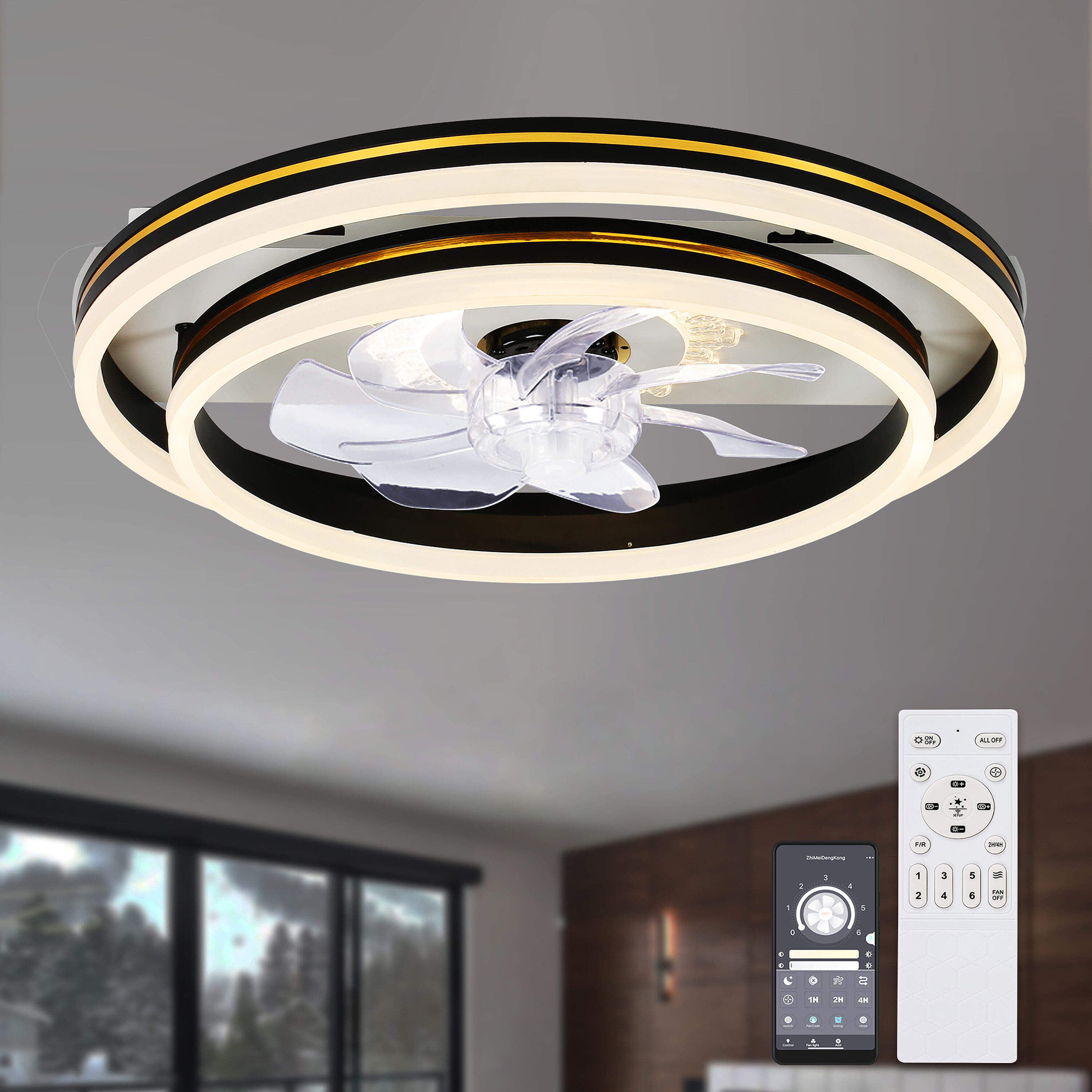 Cusp Barn DC2004 DC2004 20.0-in Color-Changing Integrated LED Flush Mount Smart Black with Ceiling Fan With Light - Remote Included ( 7.0 -Blade )