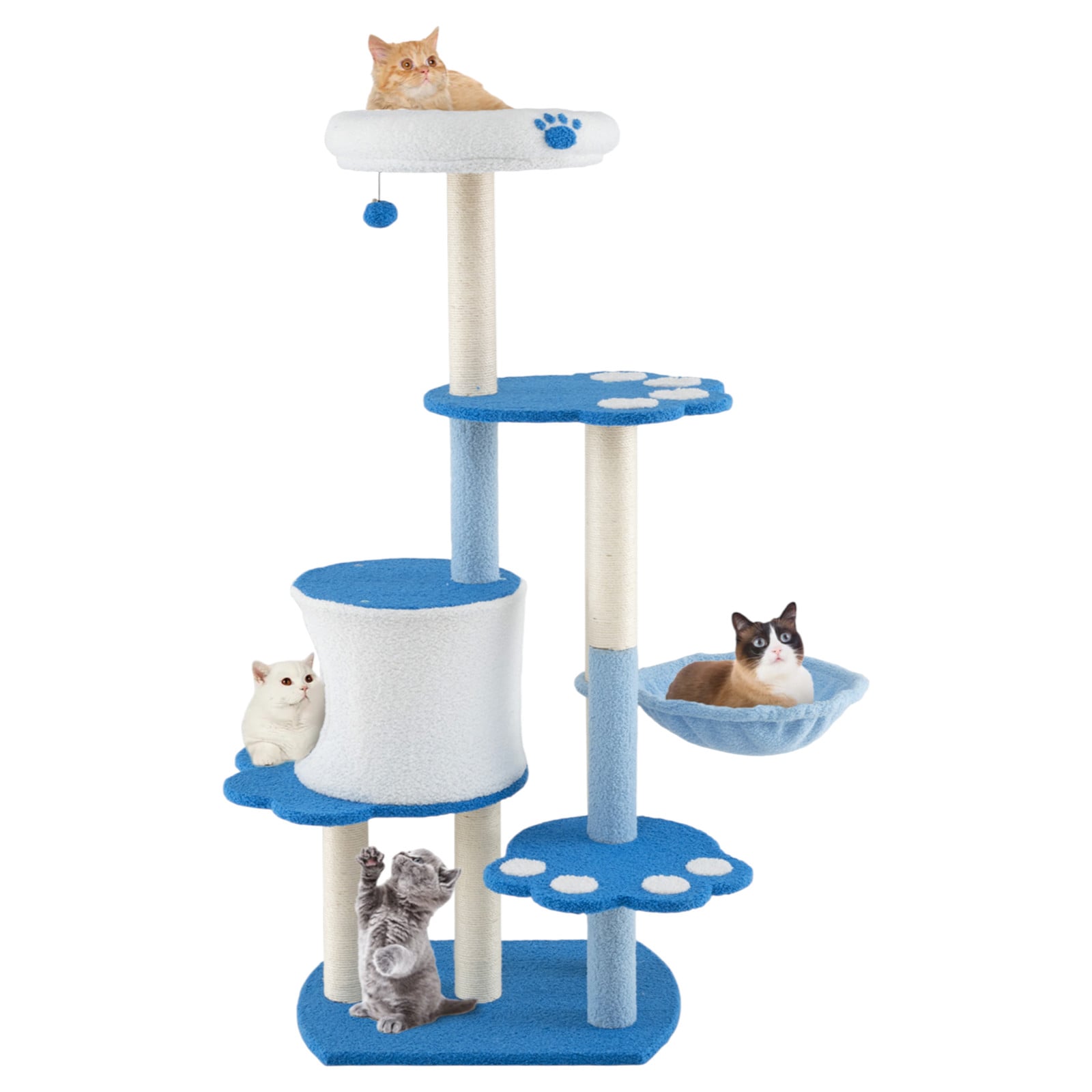 Slickblue D-CO-LB26101VP 54 x 17.5 White and Blue Teddy Plush Cat Tower with Multi-Layer Platforms Condo and Hammock for Indoor Use