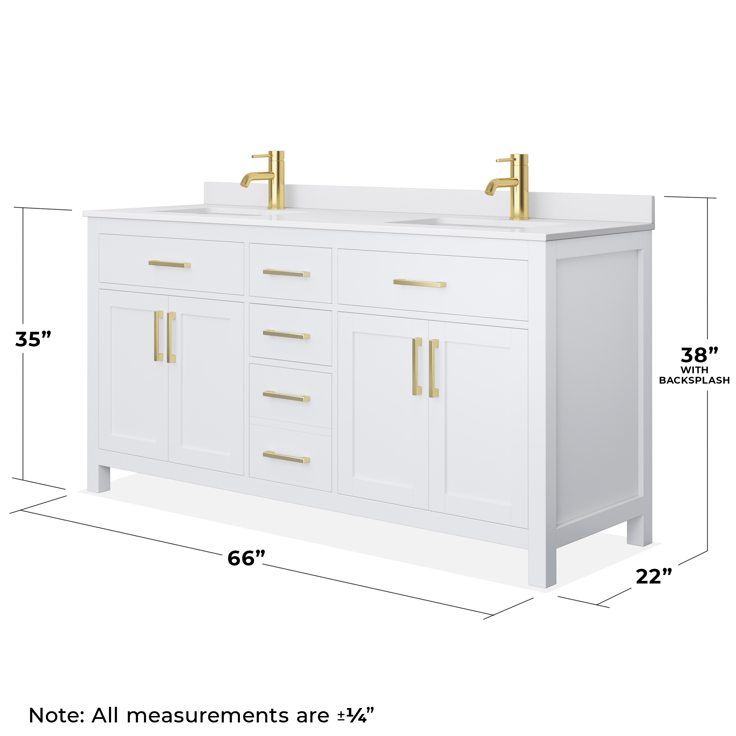 Beckett Freestanding 66'' White Double Vanity with Marble Top and Gold Accents