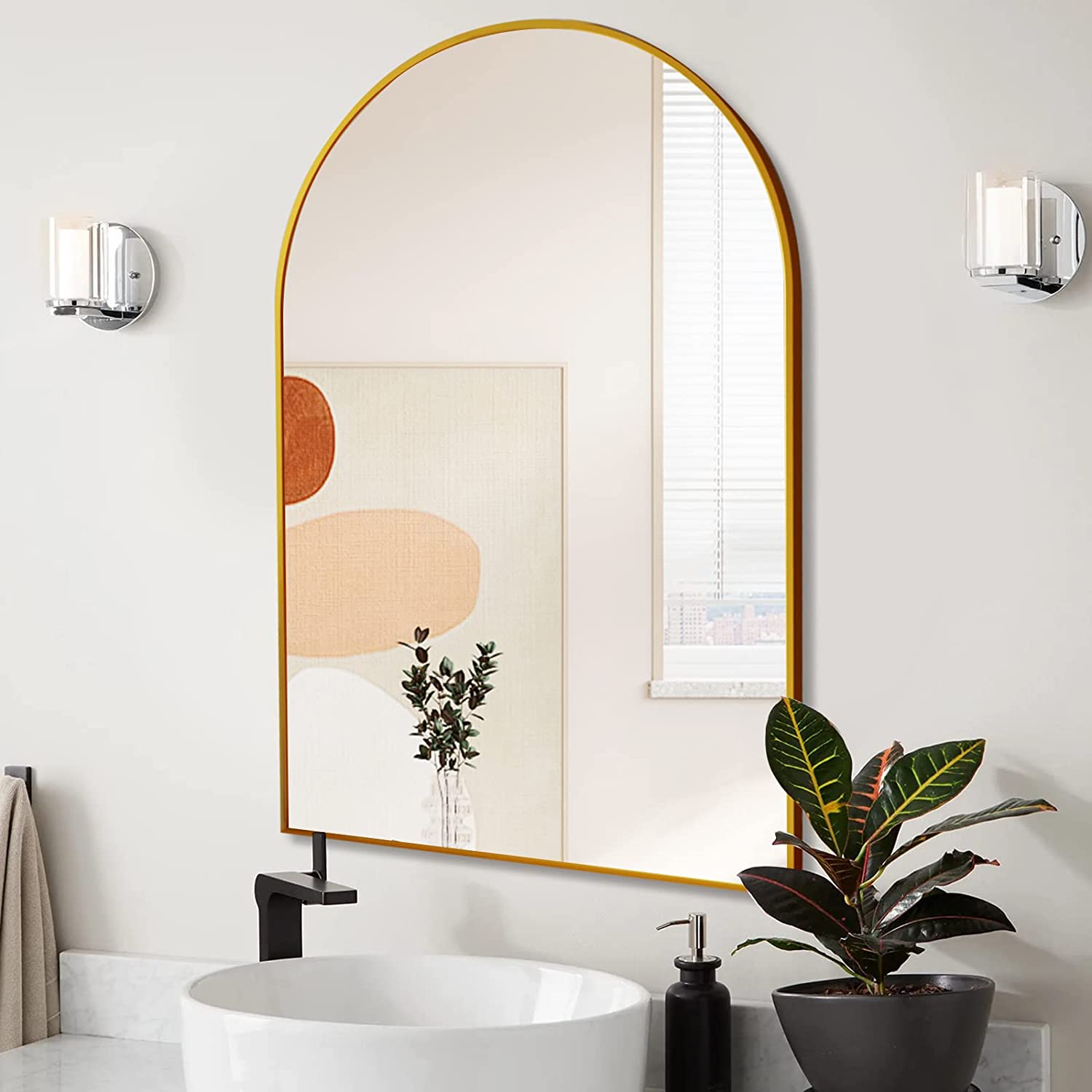 Forclover HUC-AR2436GD 24-Inches x 36-Inches Beveled Arch Bathroom Vanity Mirror ( Gold )