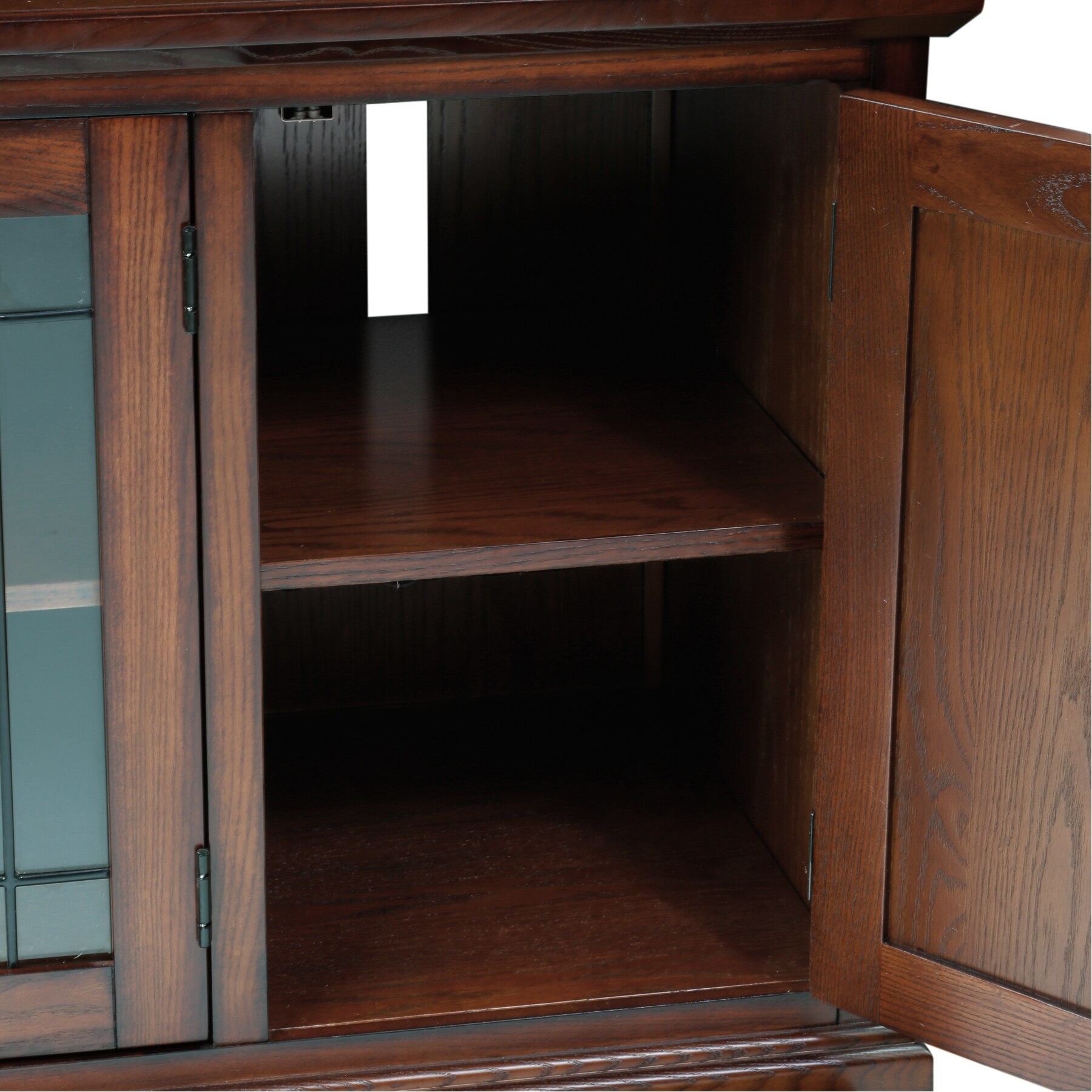 Burnished Oak 60" TV Stand with Leaded Glass Cabinet