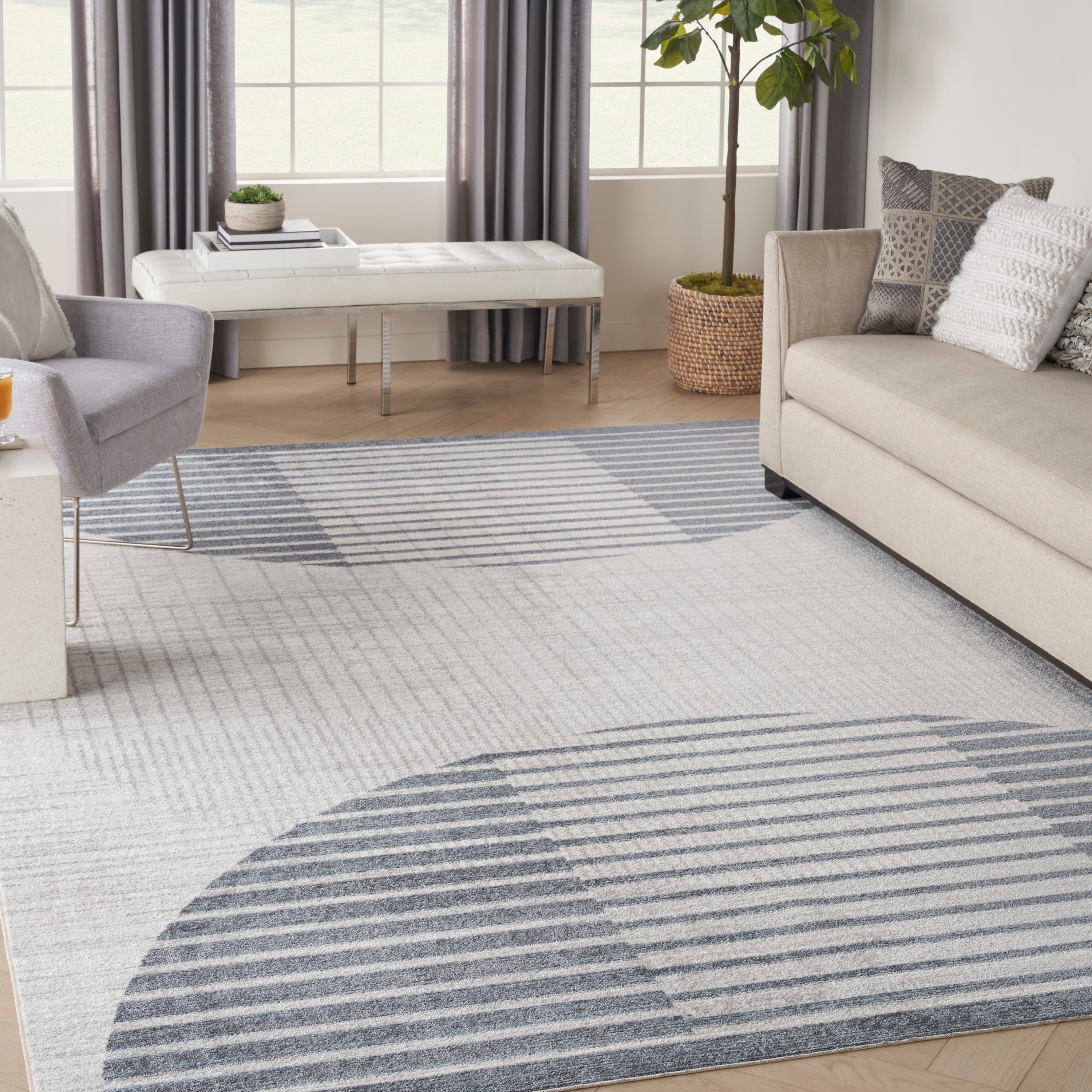 Nourison 099446119803 Astra Machine Washable 9 x 12 (ft) Loomed Polyester Ivory Blue Rectangular Indoor Geometric Mid-Century Modern Machine washable Area rug