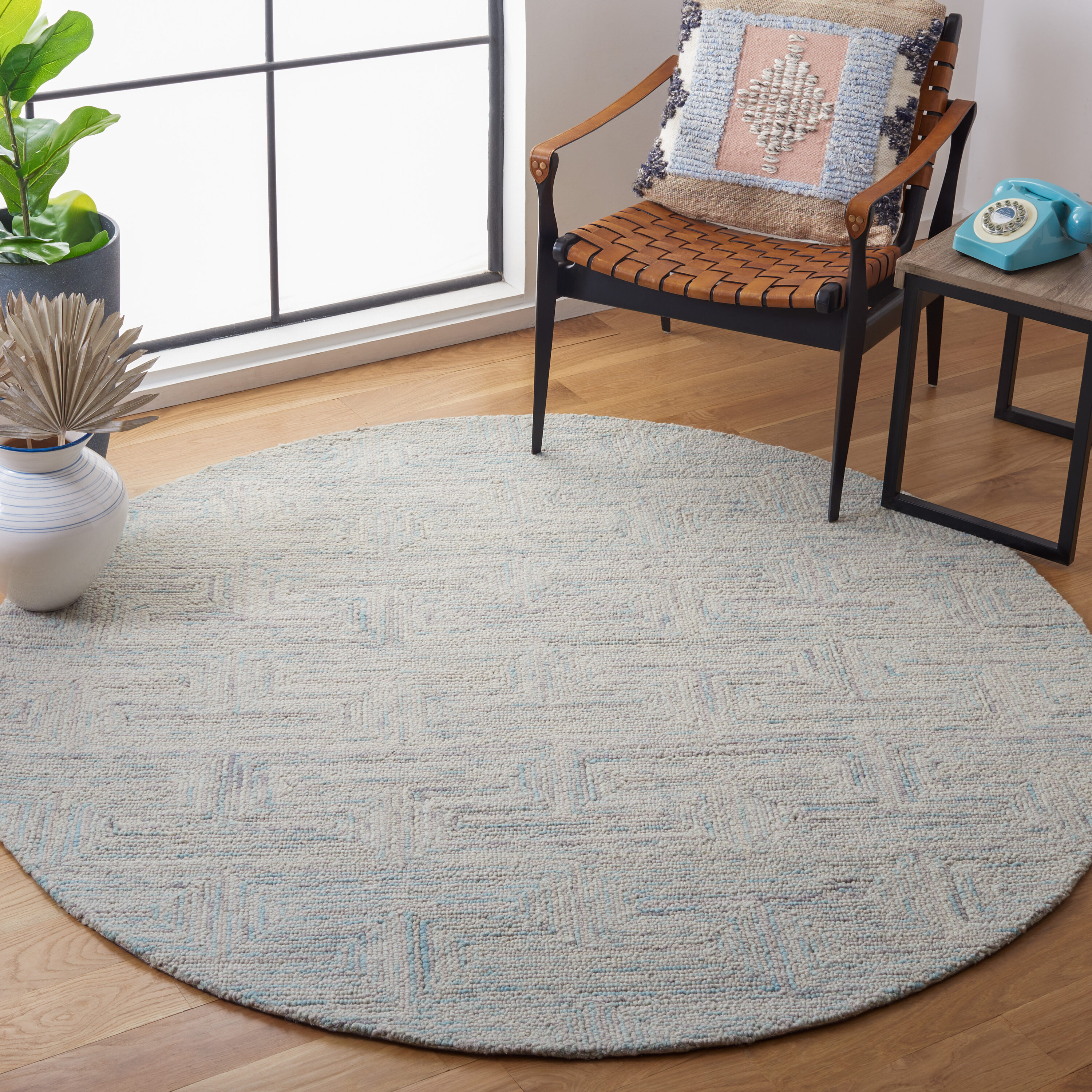  Ikat 101 Teal/Gray Contemporary 6ft x 6ft Round Rug