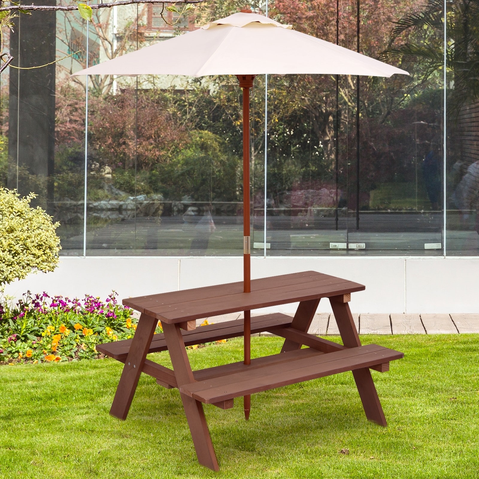 white picnic table with umbrella hole        <h3 class=