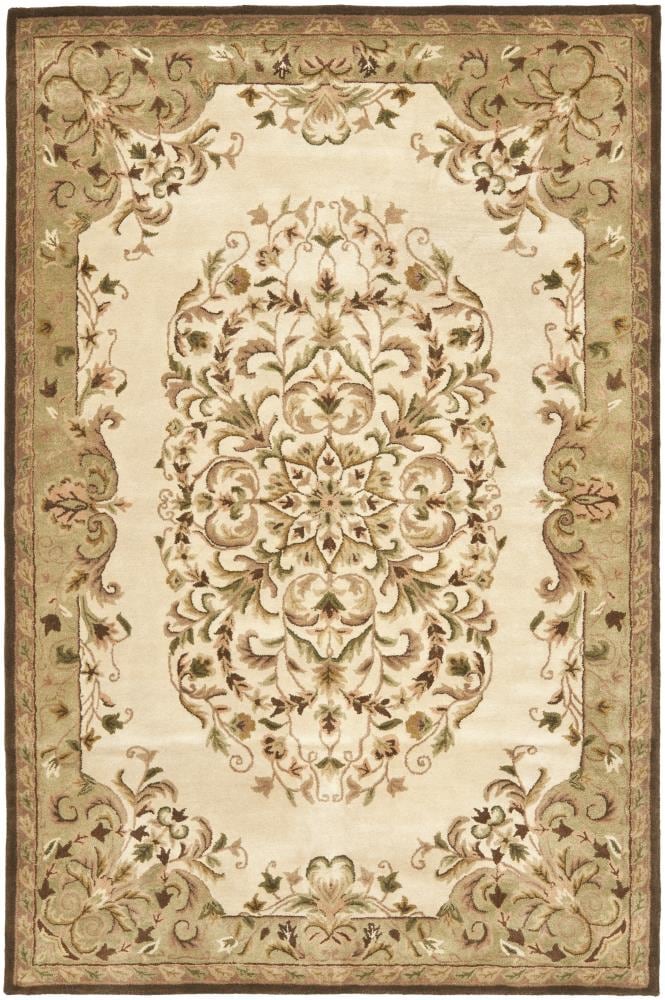 Handcrafted Beige & Green Wool Rectangular Area Rug, 59"