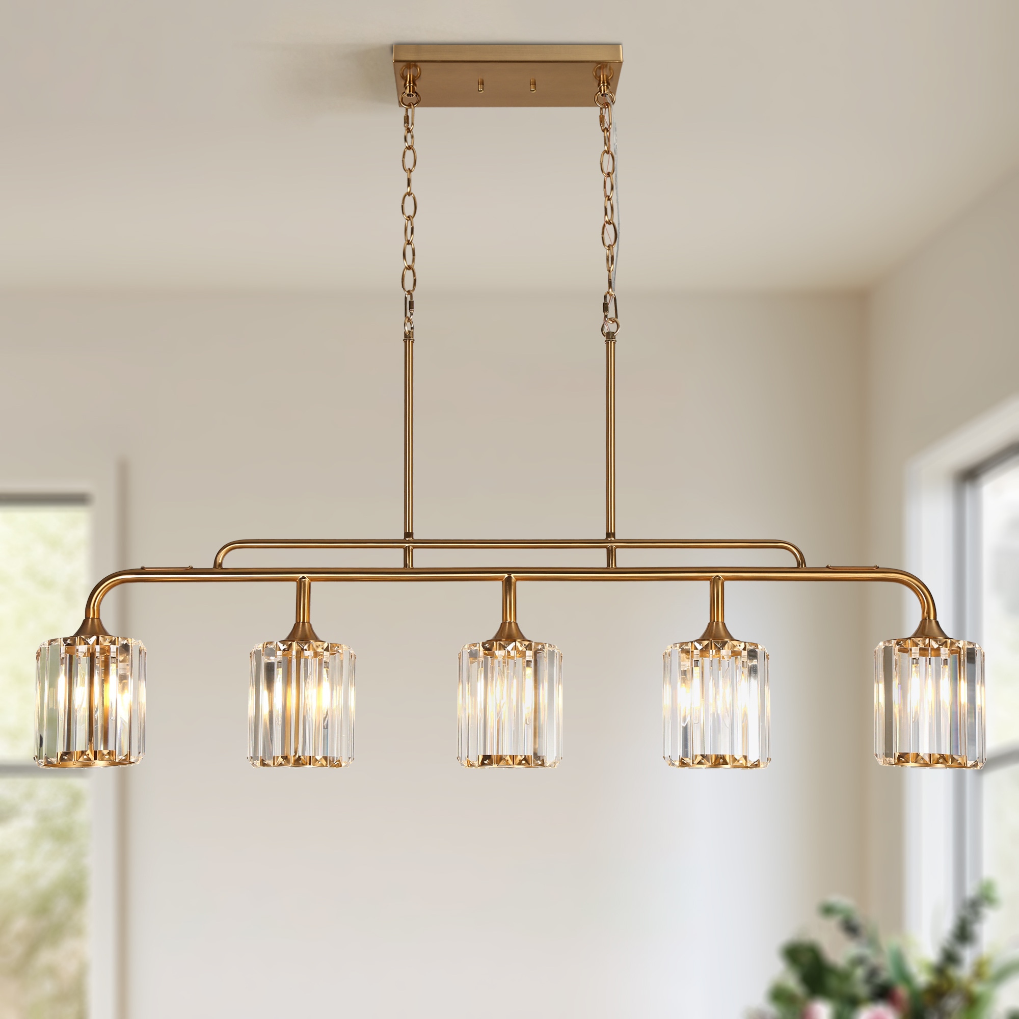 Oversized Brass and Crystal 47" Linear Island Chandelier