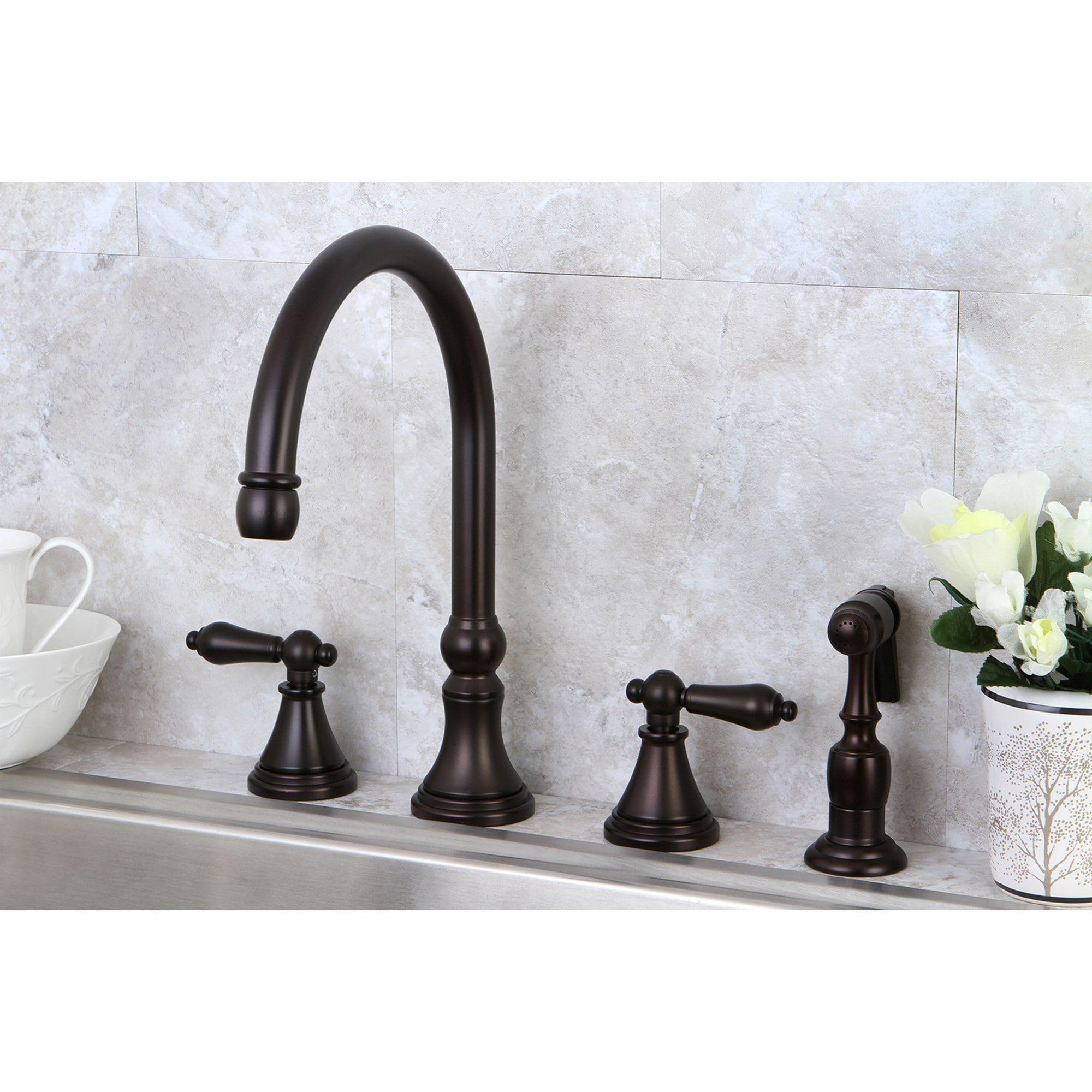 Kingston Brass WLKS2795ALBS Governor Oil-rubbed bronze Double Handle Deck-mount Kitchen Faucet with Sprayer ( Side Sprayer Included )